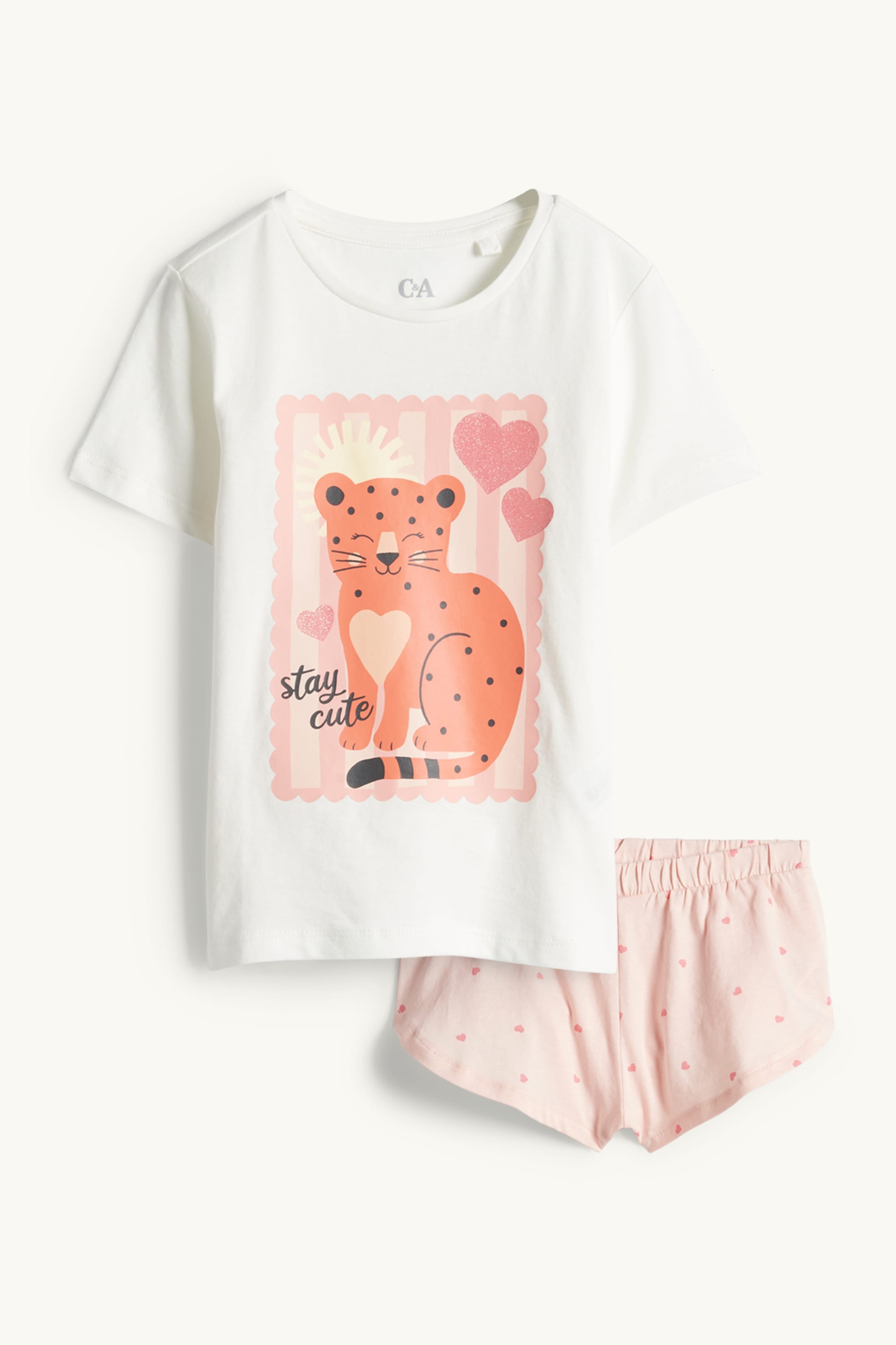 Leopard - short pyjamas - 2 piece - shiny white / rose