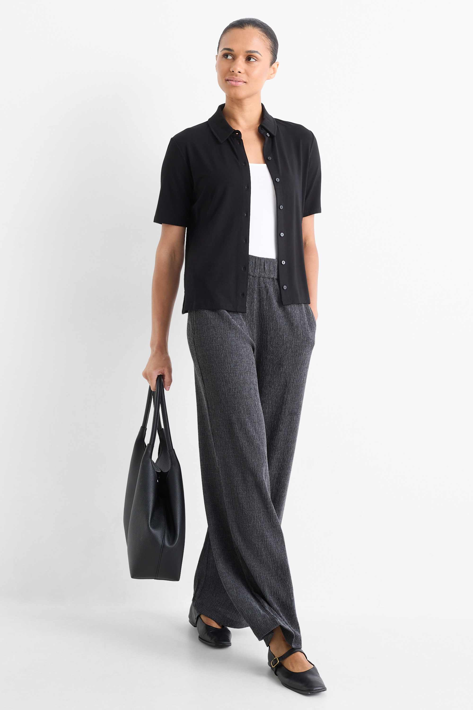 Jersey trousers - mid-rise waist - textured dark gray