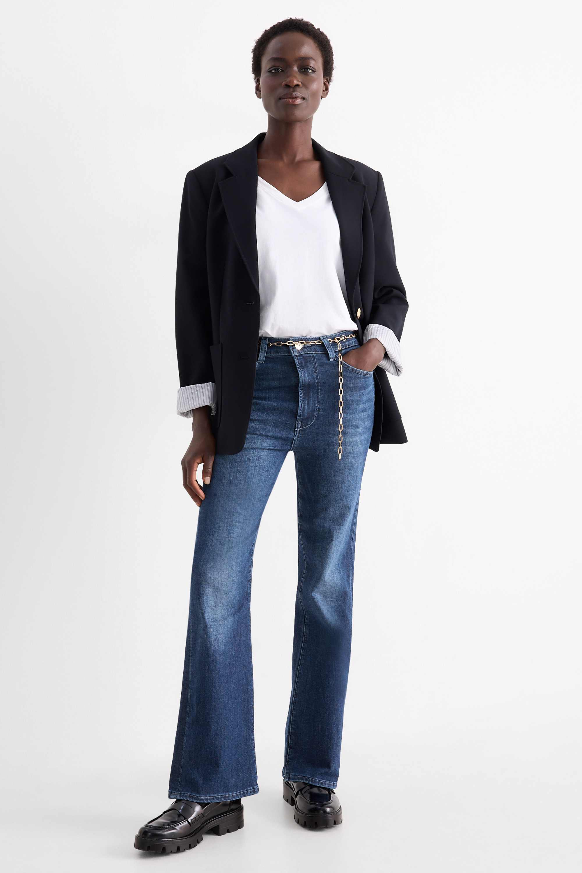 Flared jeans with belt - high waist - LYCRA® blue denim