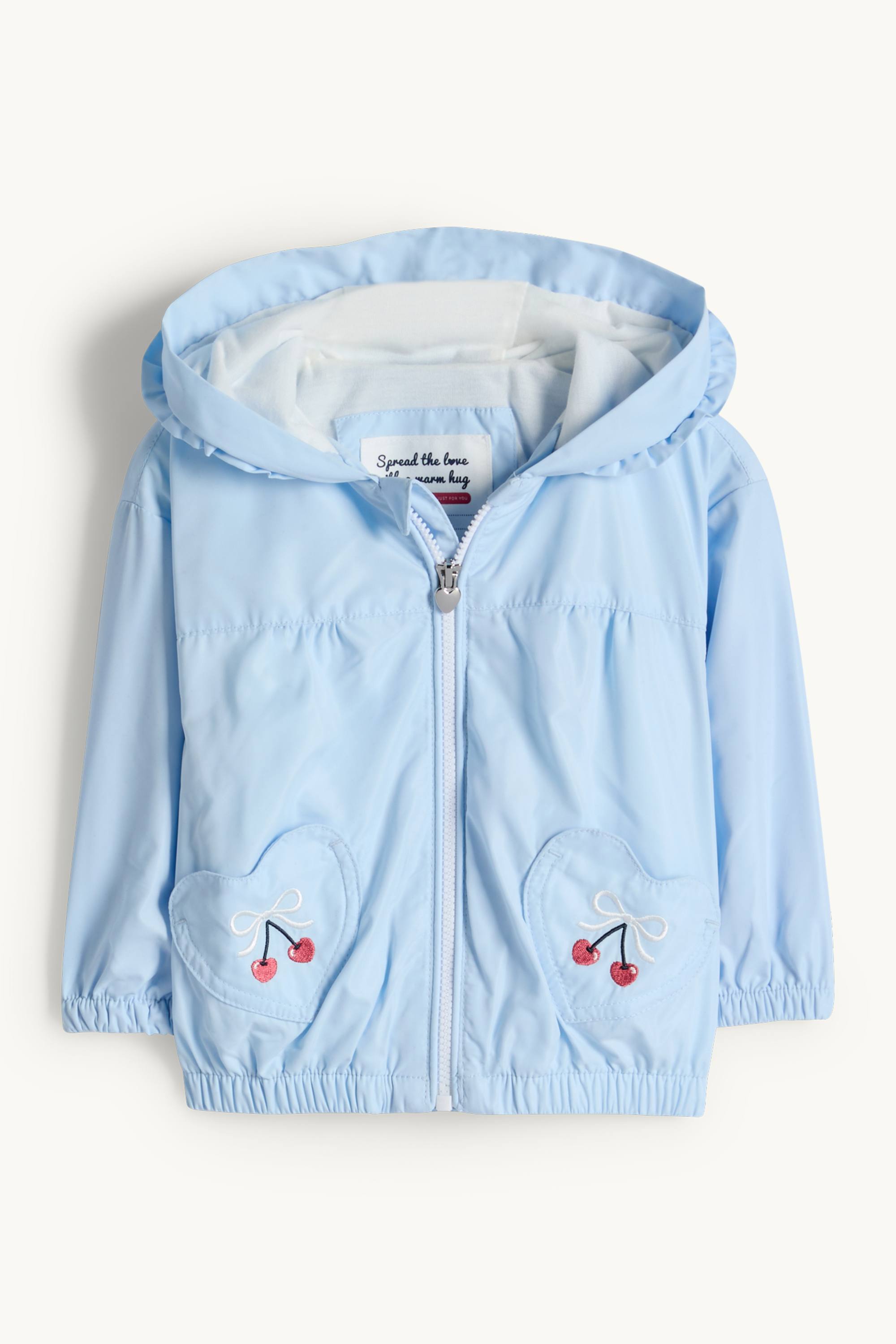 Cherry and bow - baby jacket with hood light blue