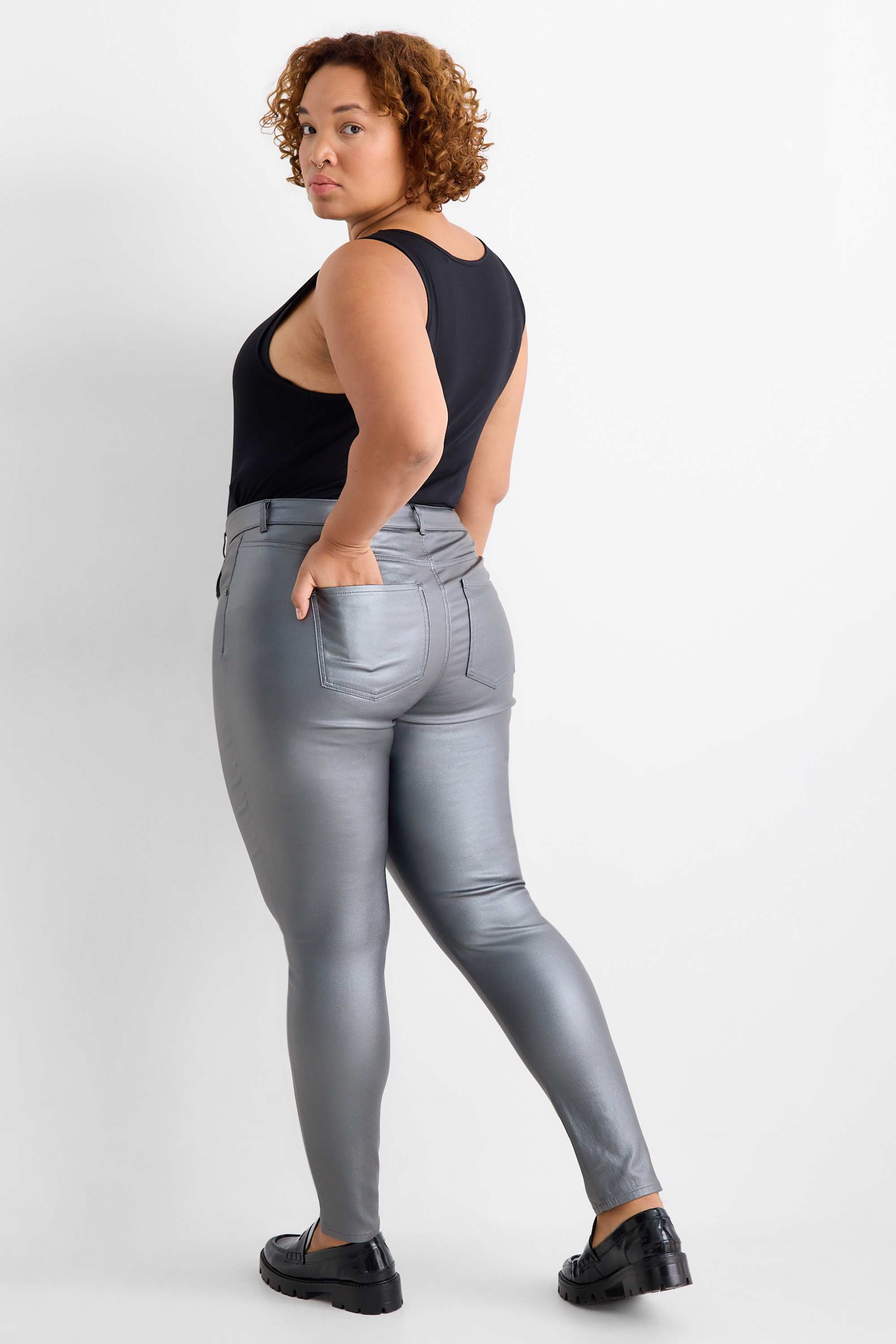 Cloth trousers - high waist - skinny fit - faux leather silver