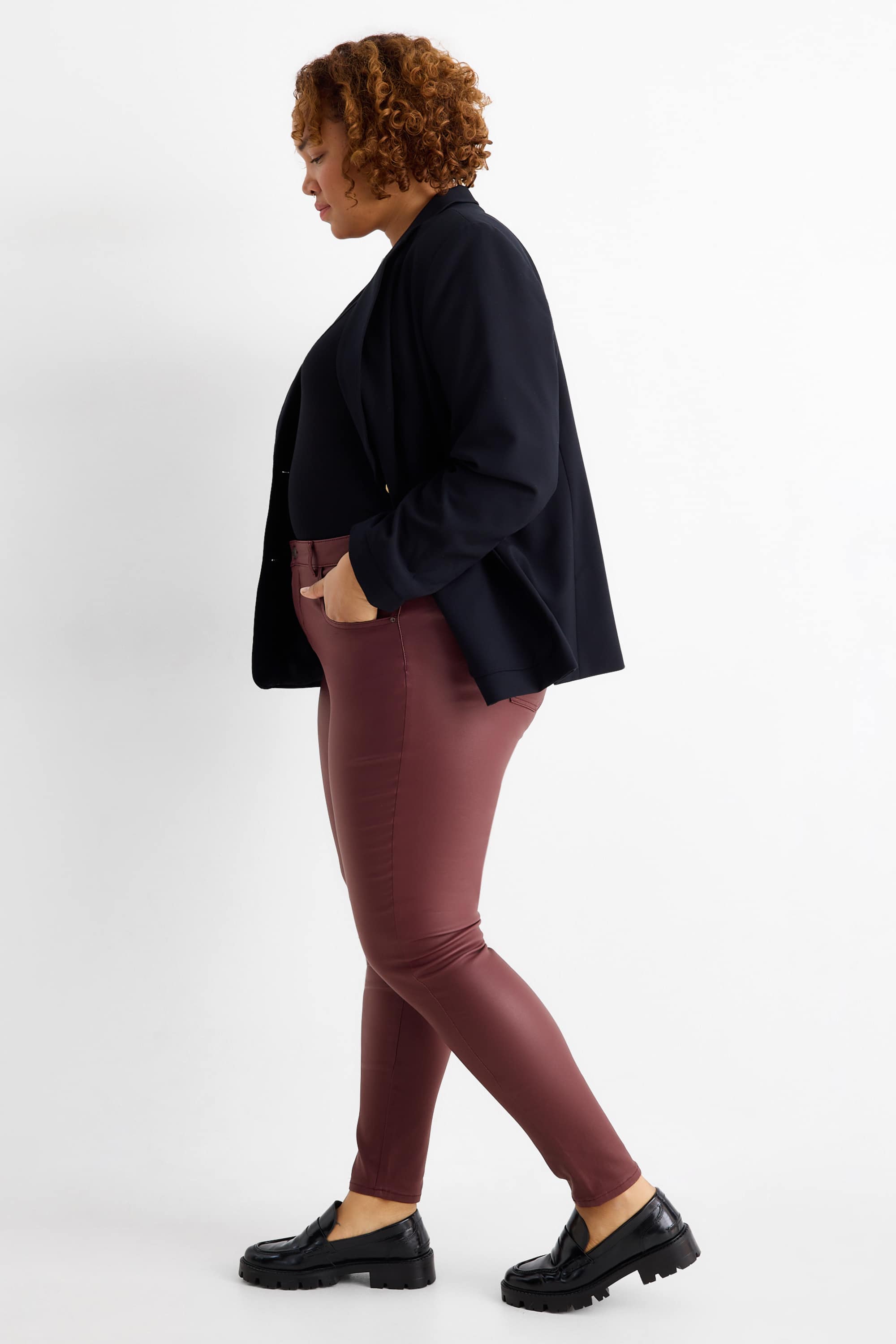 Cloth trousers - high waist - skinny fit - faux leather bordeaux