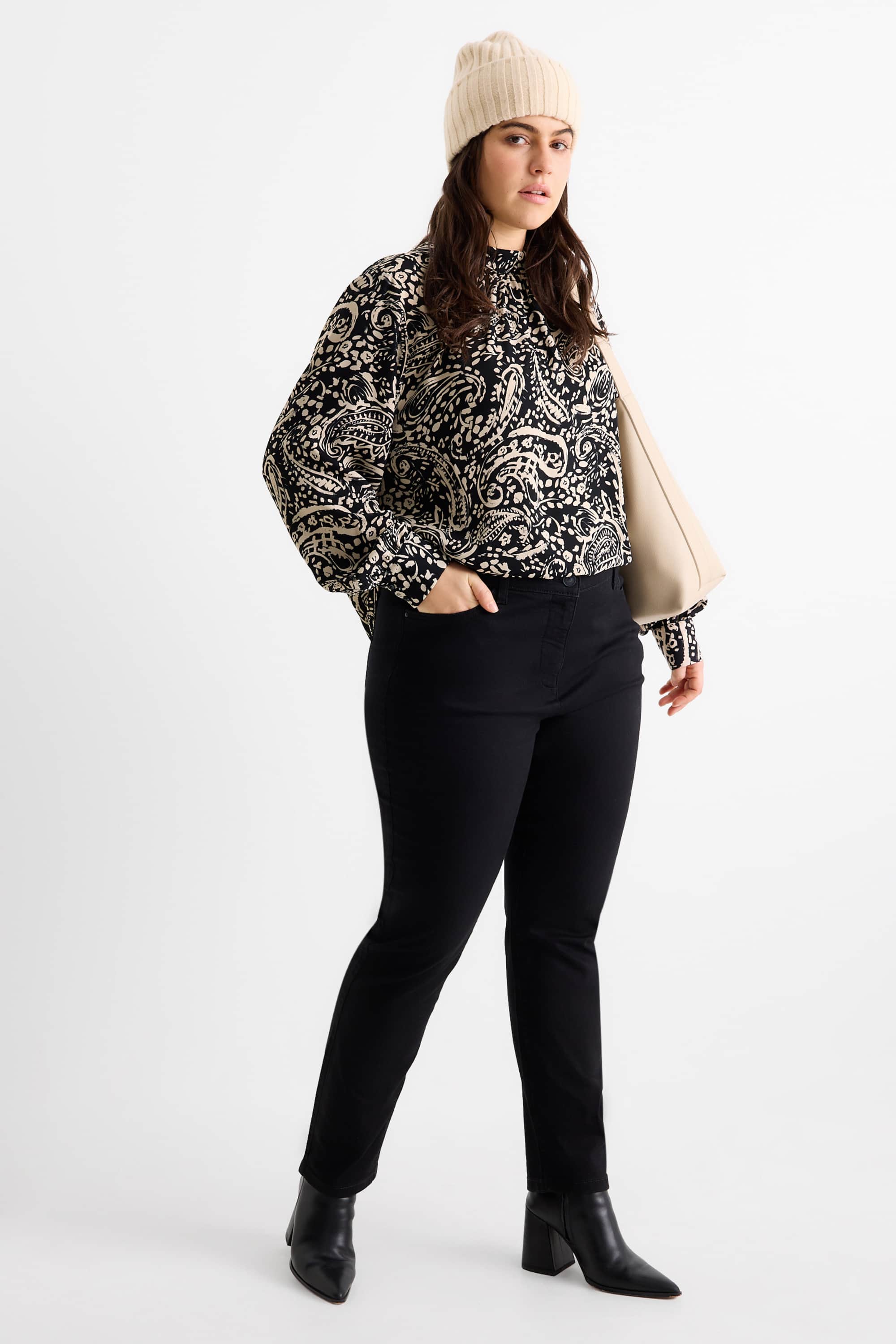 Blouse - patterned black / beige