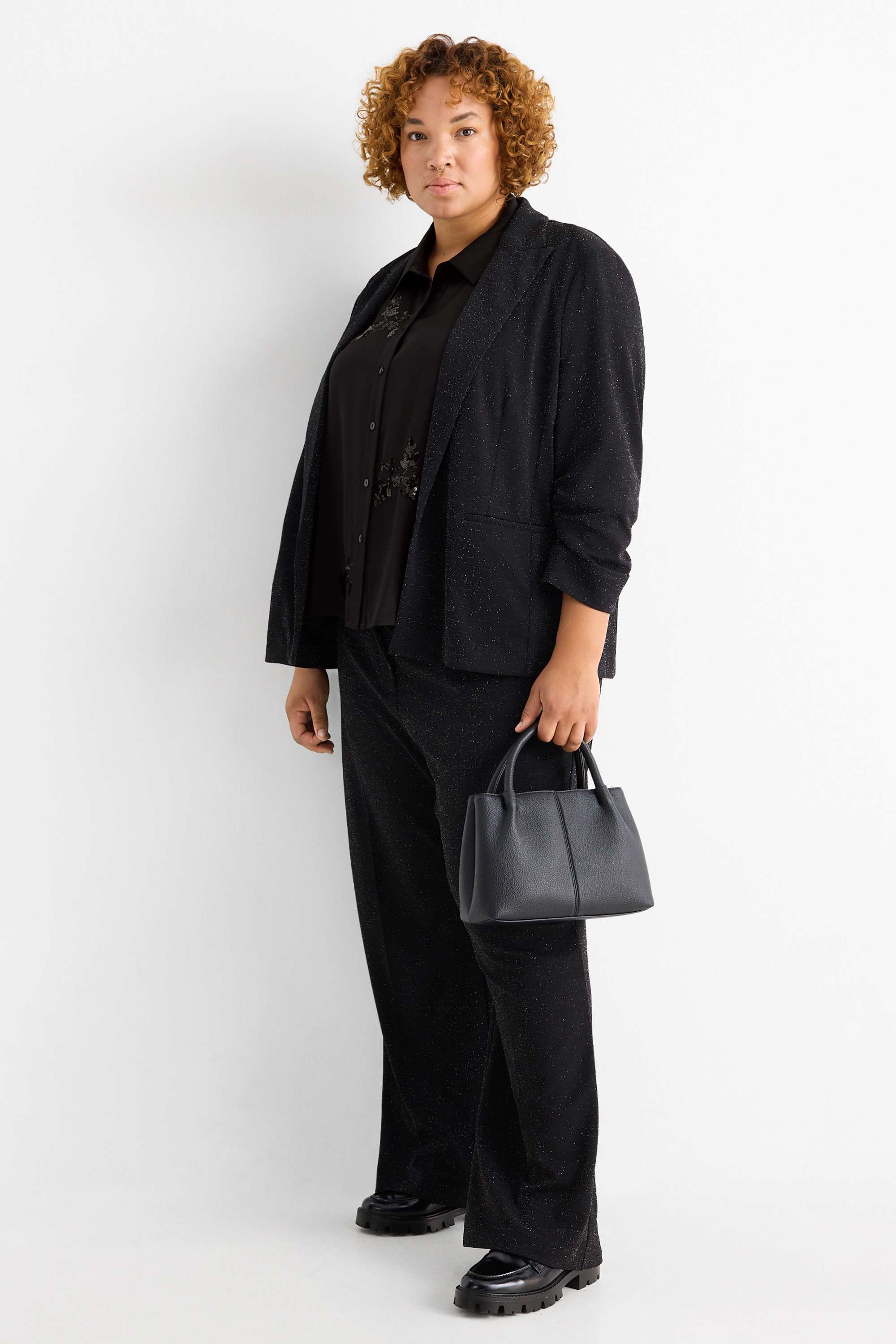 Satin blouse - floral - shiny black