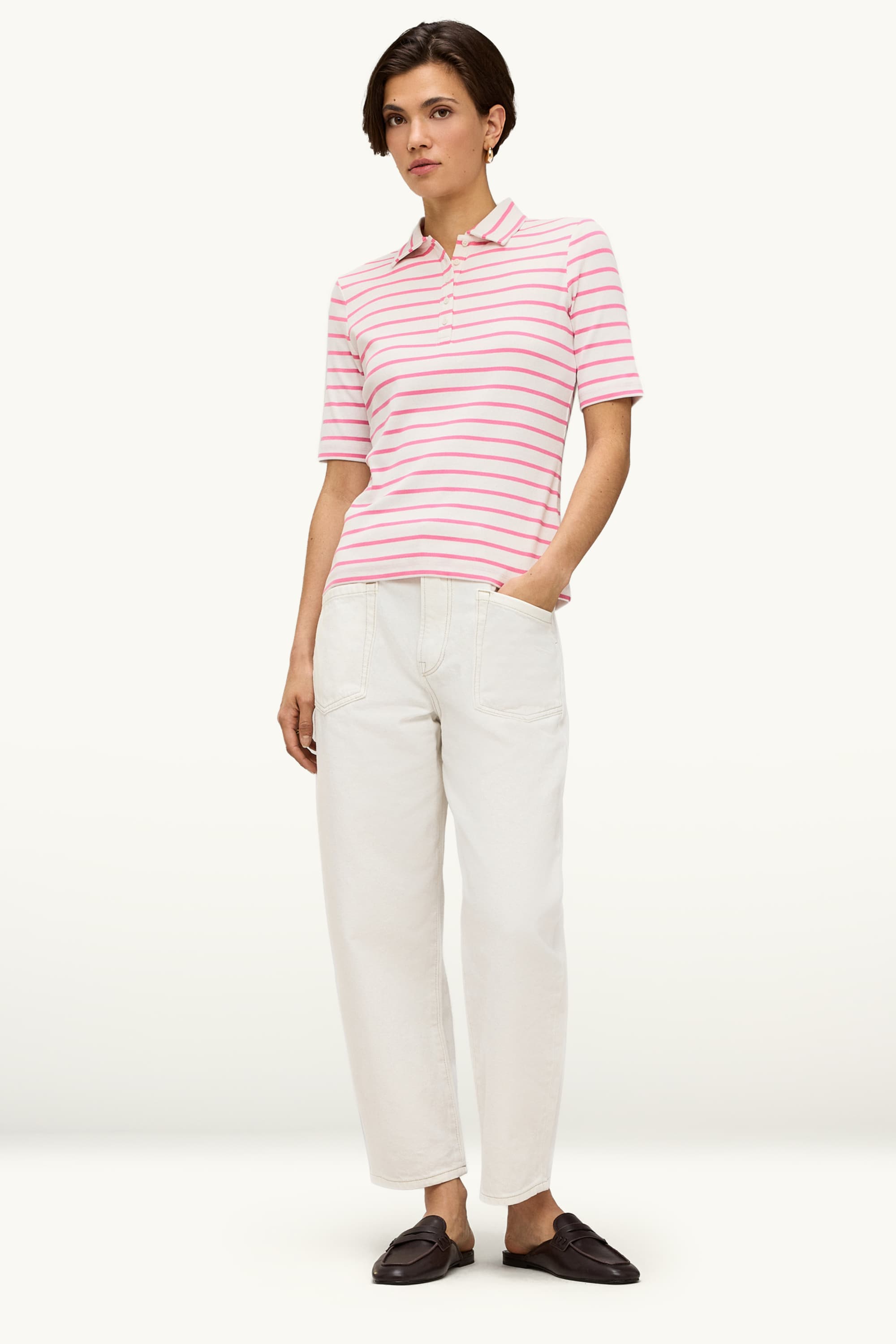 Polo shirt - regular fit - ribbed - striped white / pink