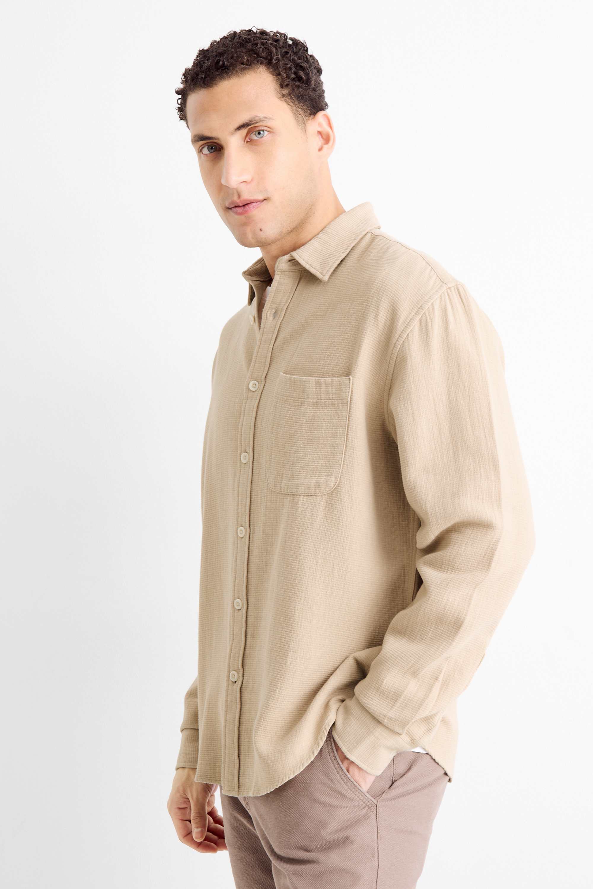 Shirt - loose fit - kent collar - textured beige