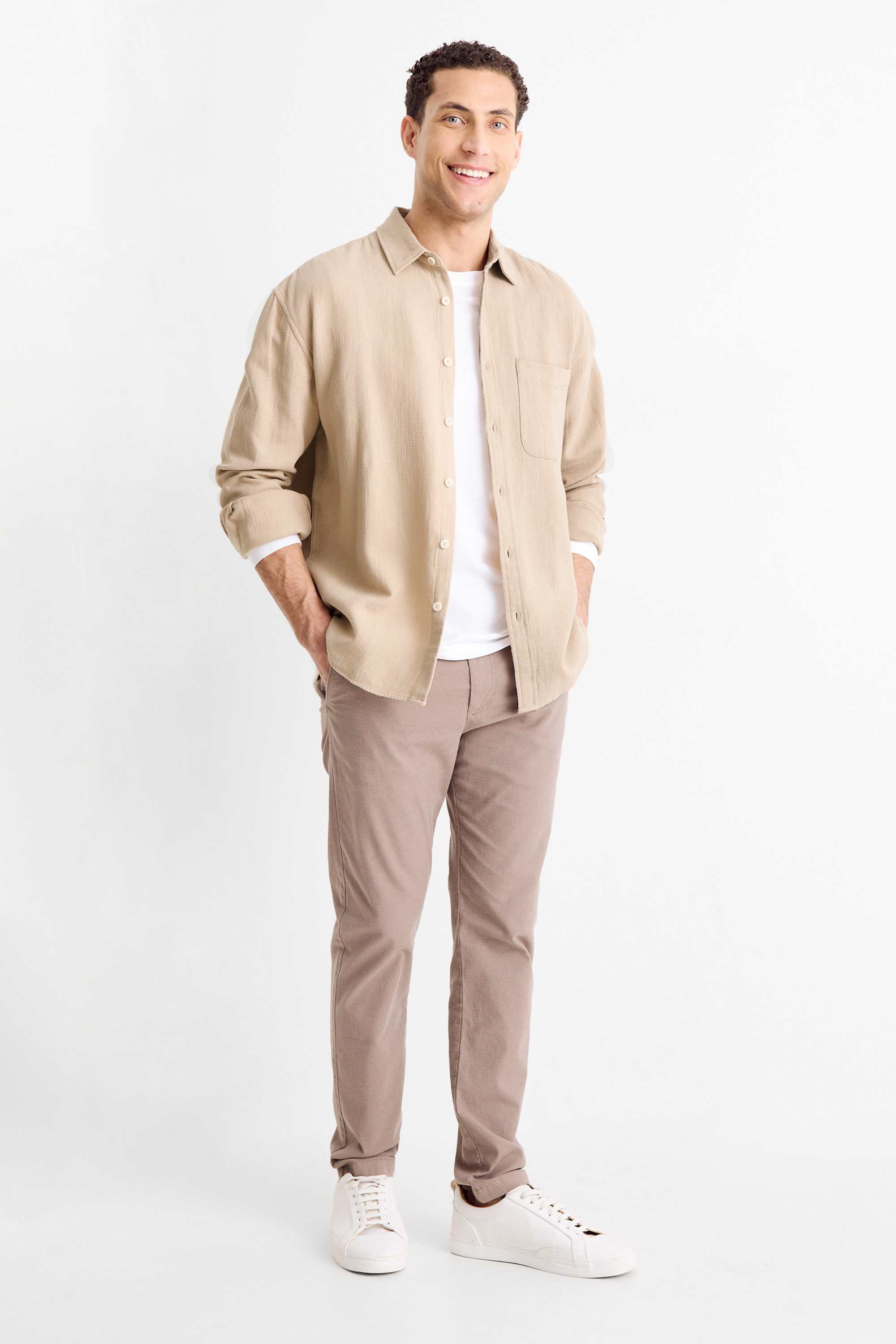 Shirt - loose fit - kent collar - textured beige