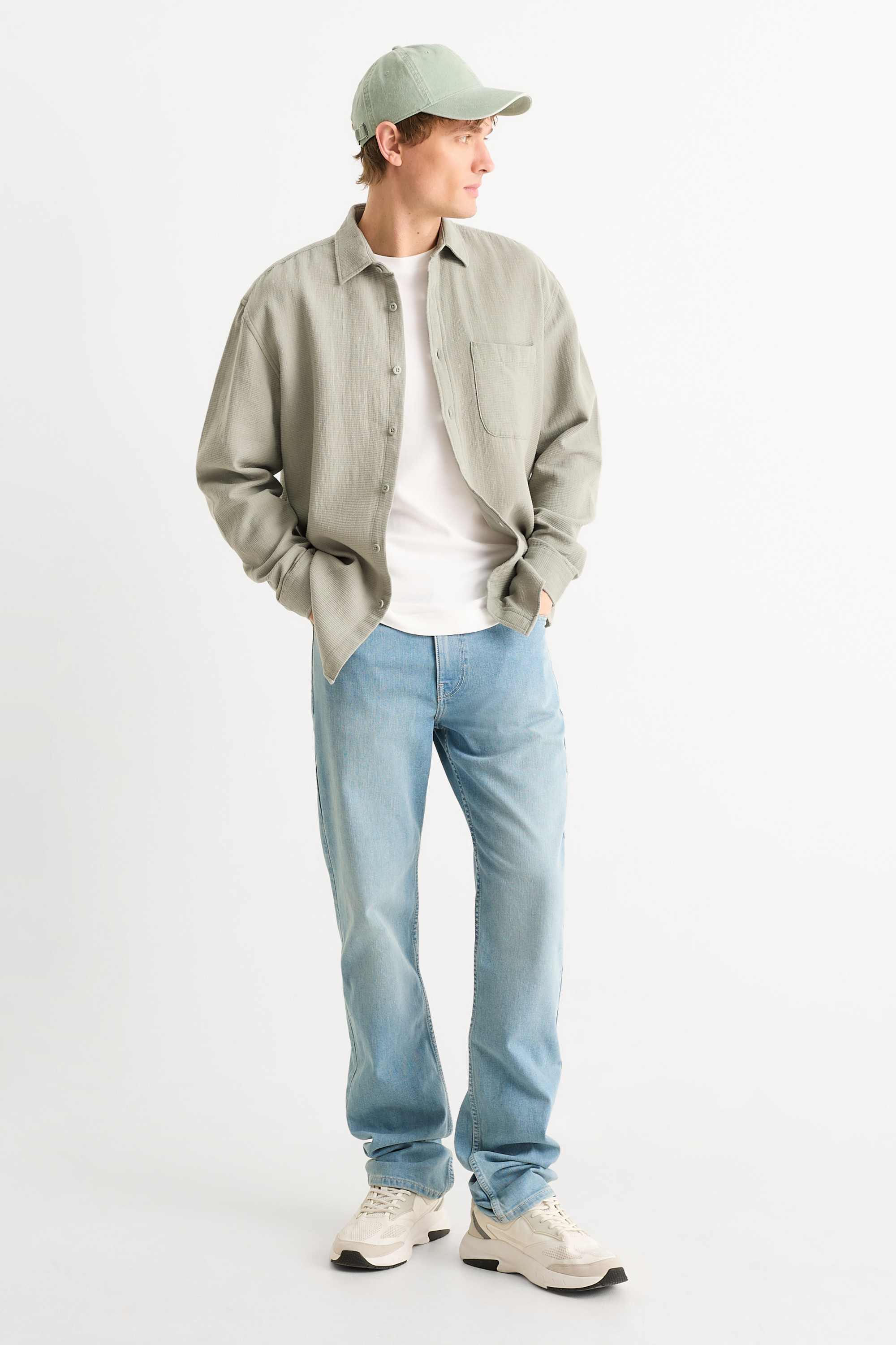Shirt - loose fit - kent collar - textured light green