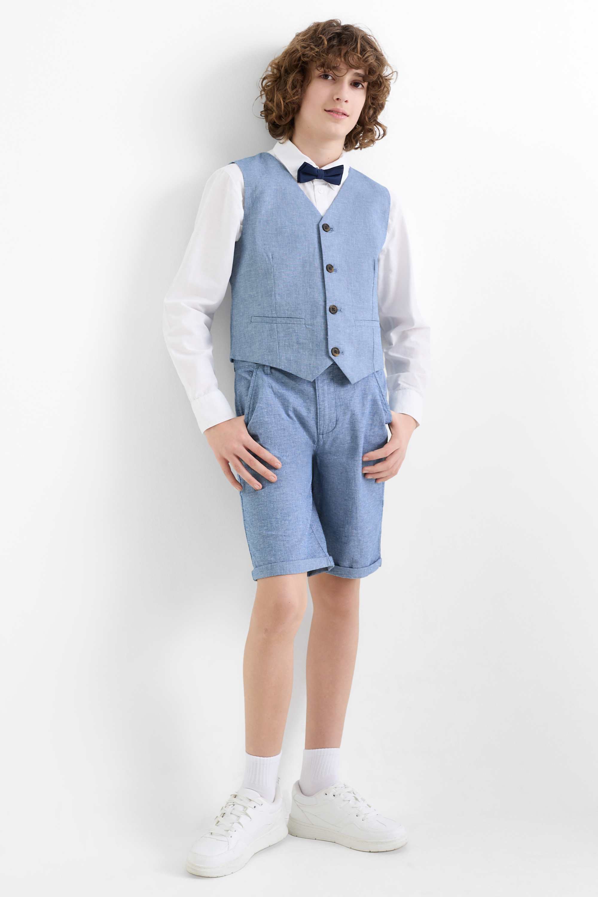 Set - shirt, waistcoat and bow tie - 3 piece - party blue / white