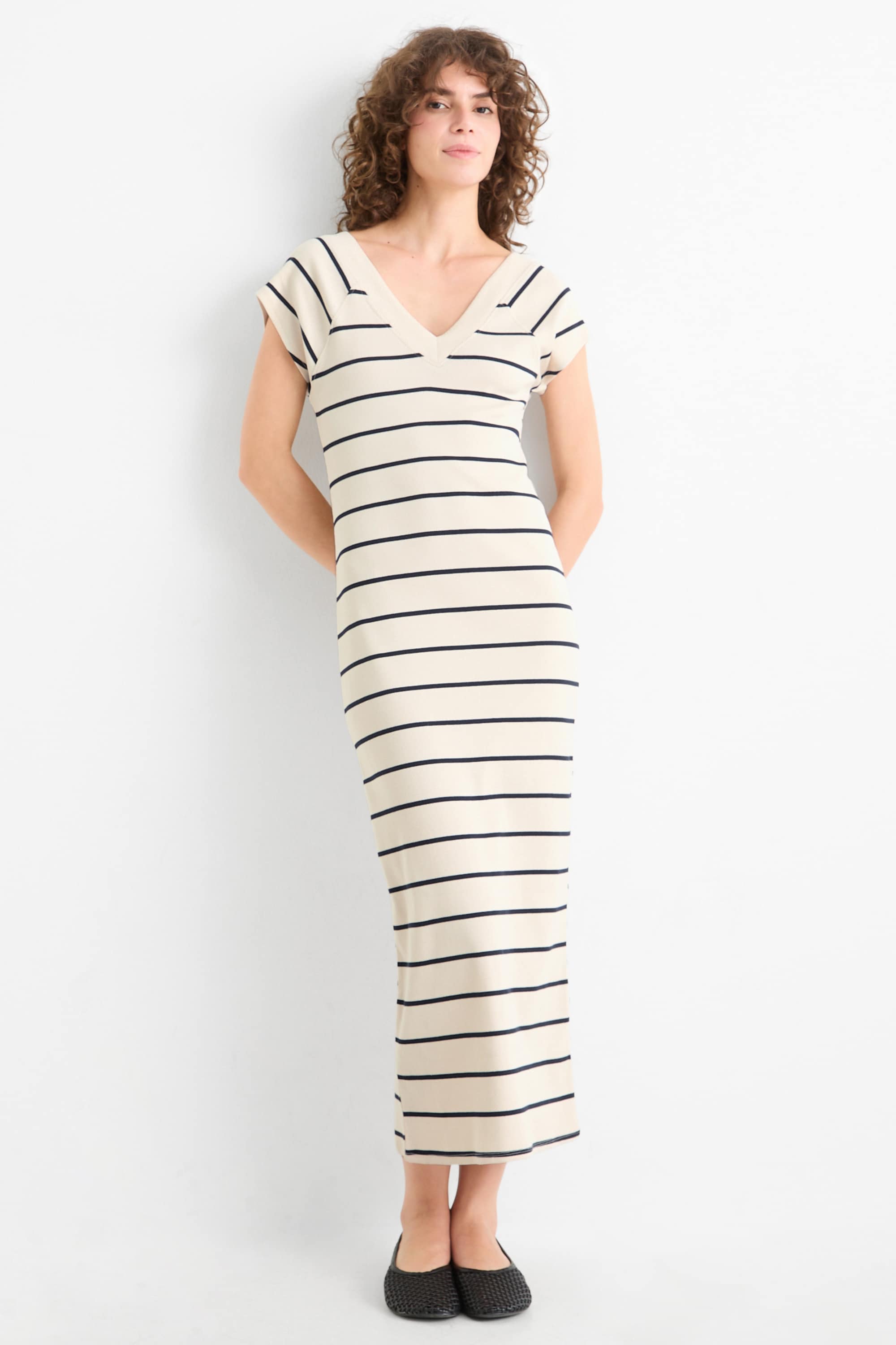Bodycon dress - ribbed - striped beige
