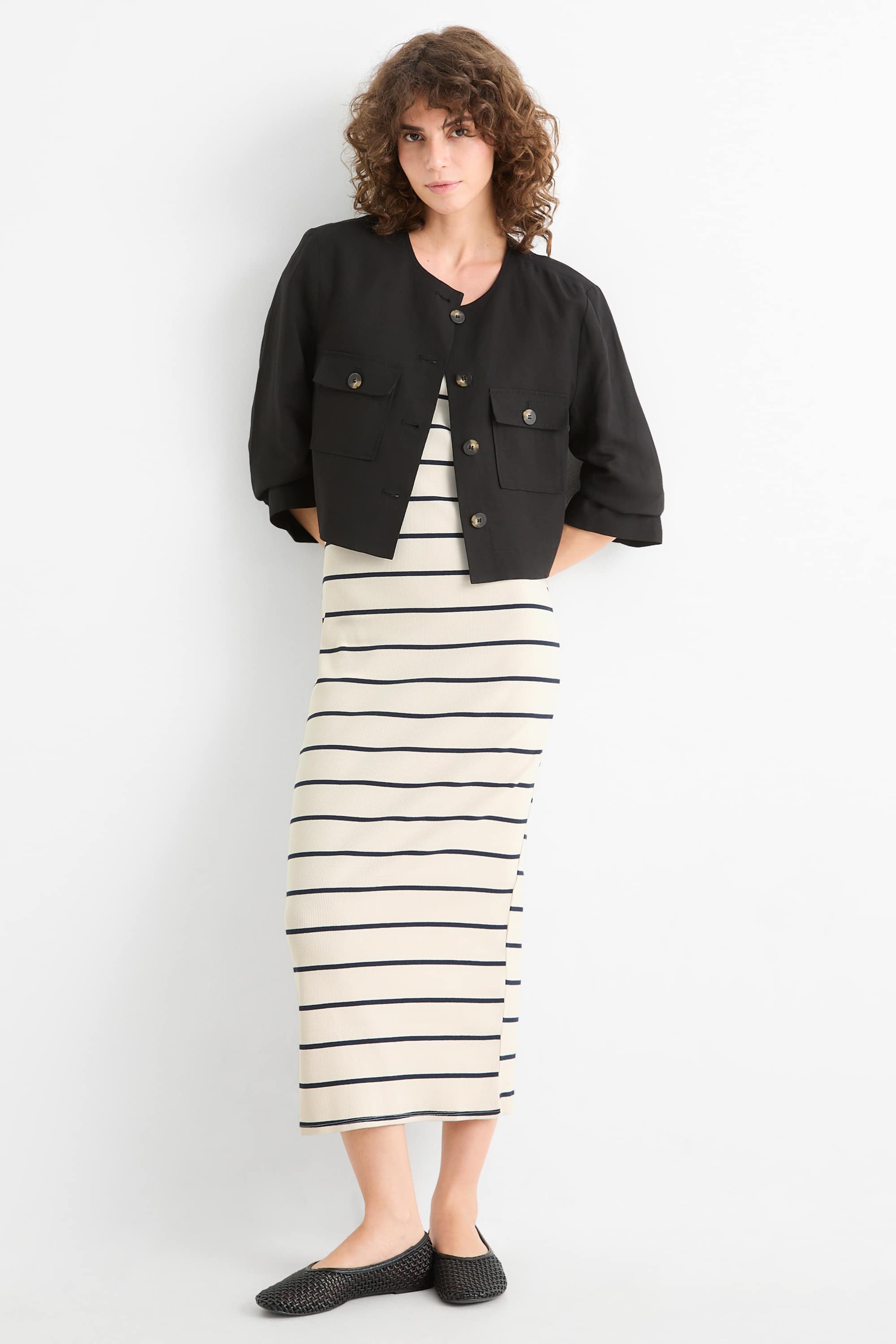 Bodycon dress - ribbed - striped beige