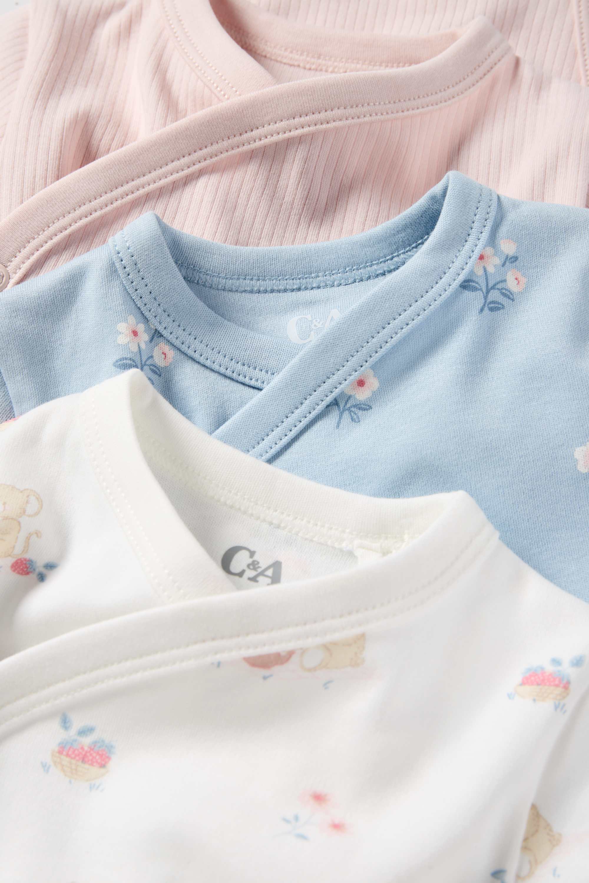 Multipack of 3 - little mice and flowers - wrapover baby bodysuit white / rose