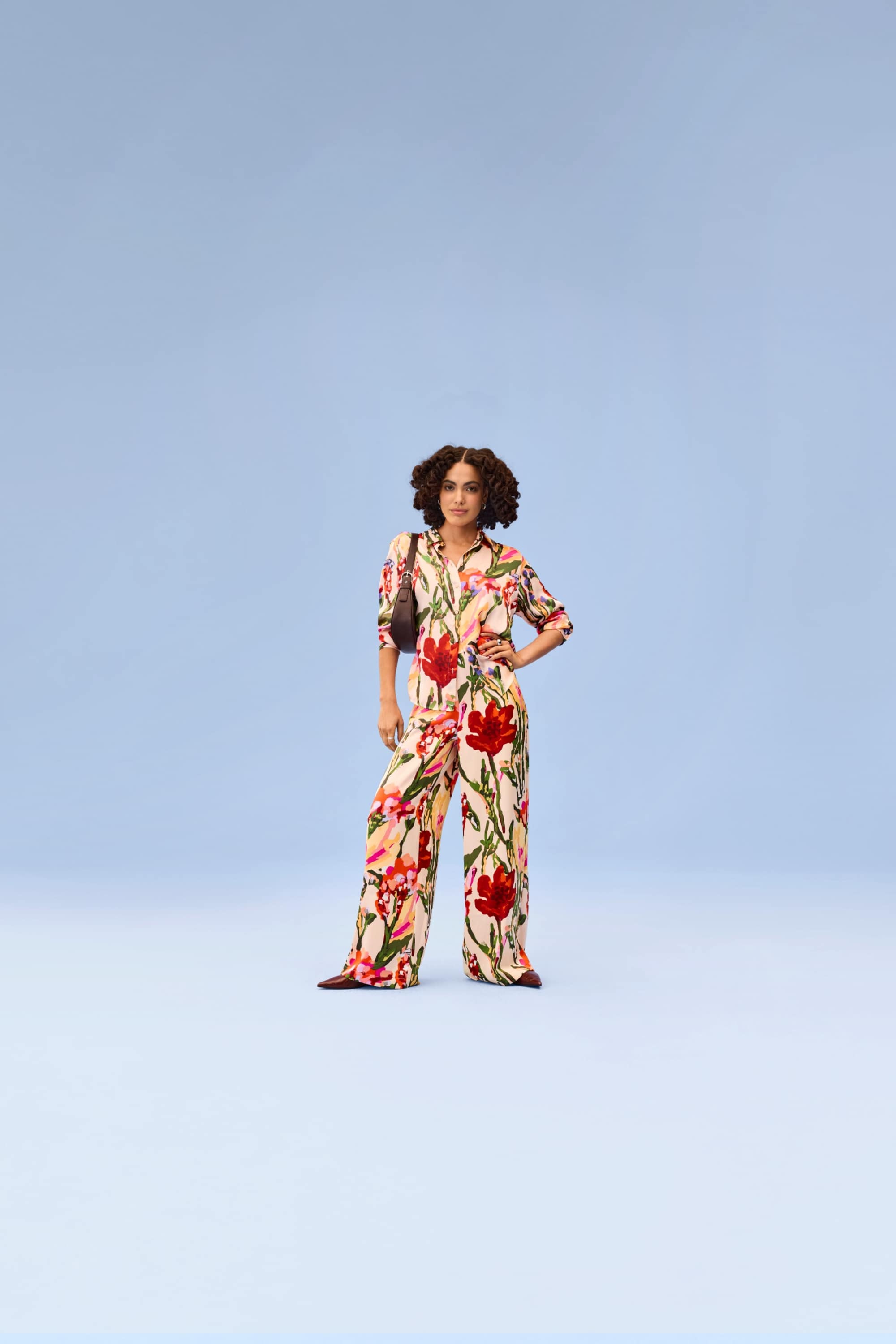 Cloth trousers - high waist - wide leg - floral multicoloured