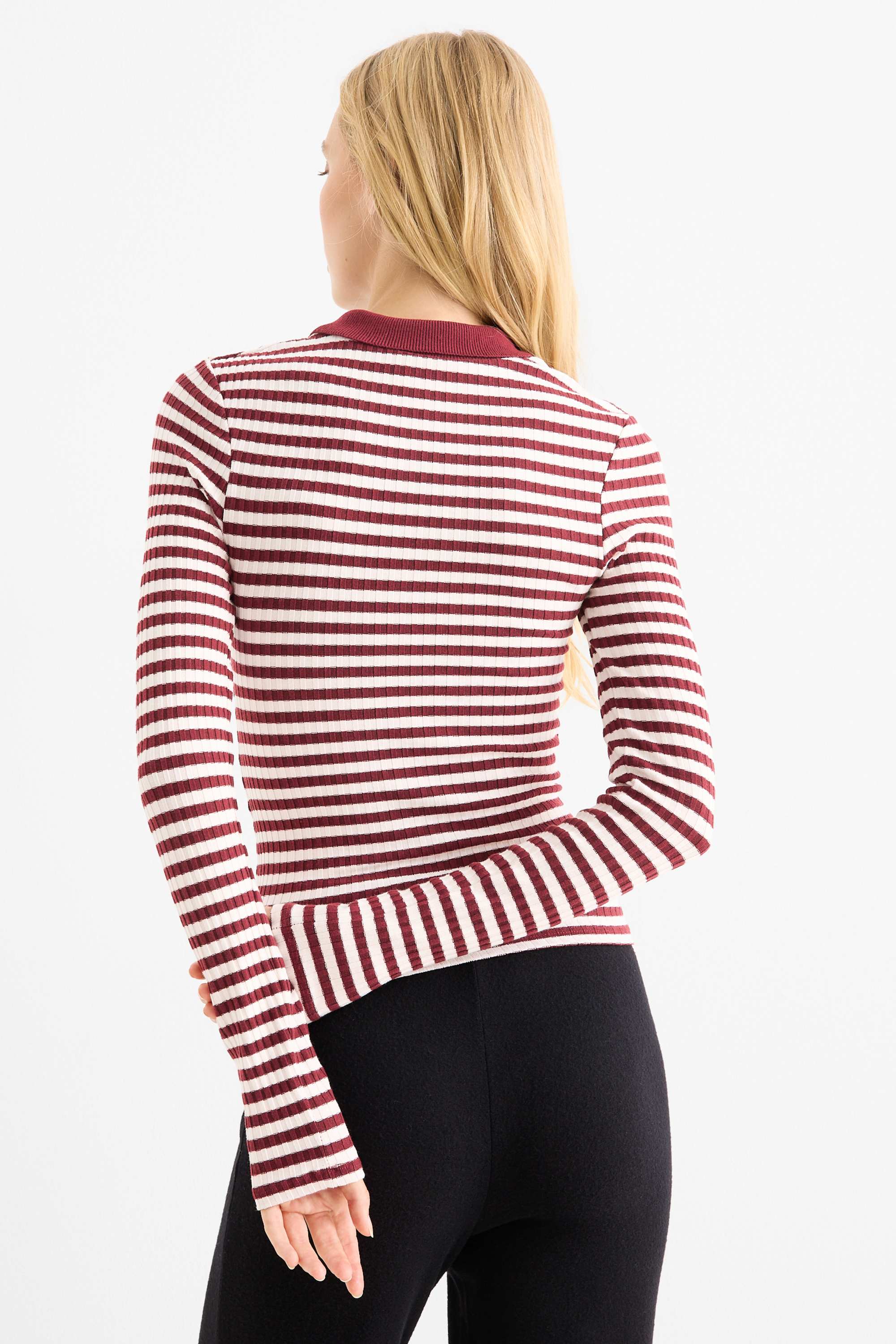 Long sleeve polo shirt - slim fit - ribbed - embroidered dark red / black