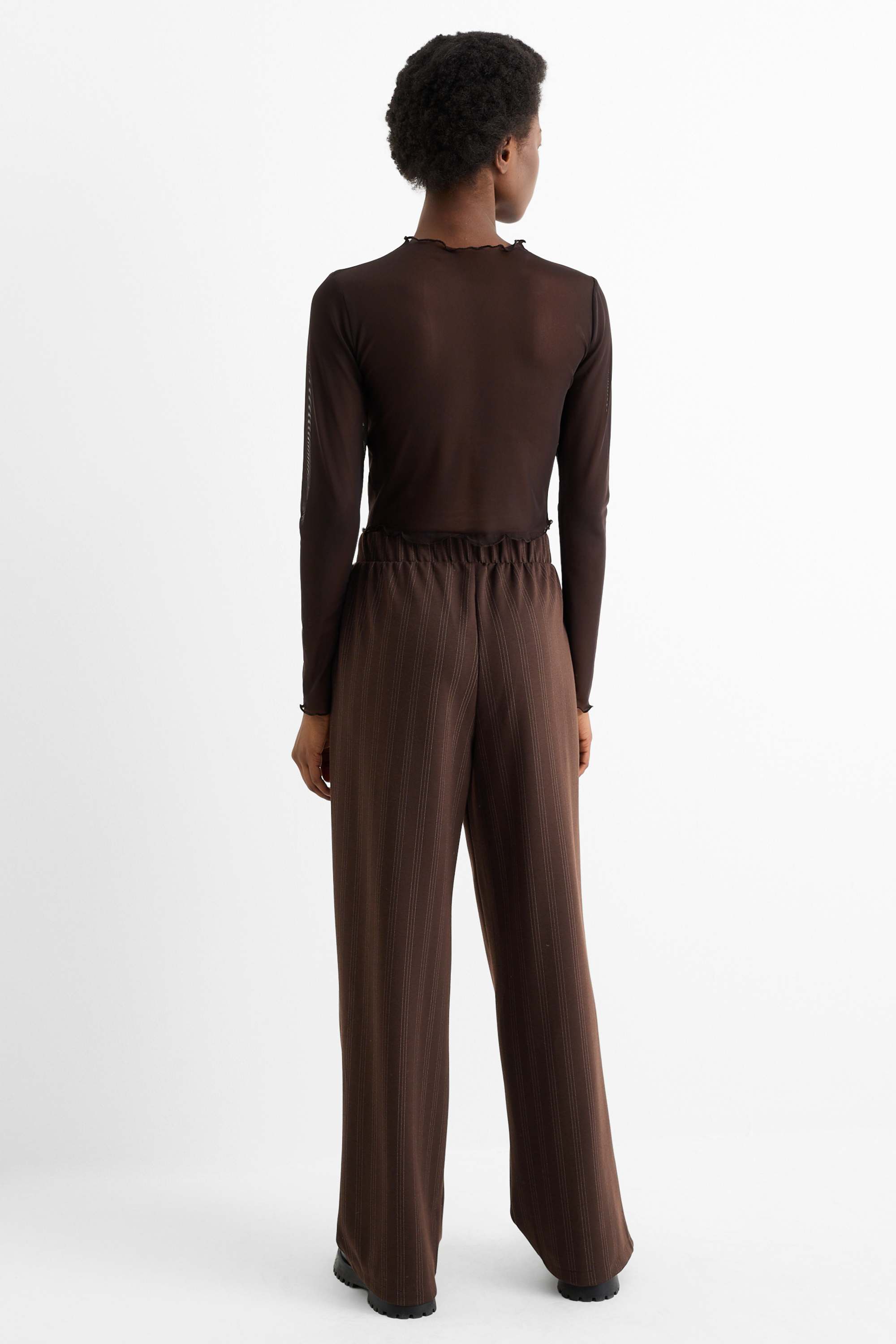 Jersey trousers - mid-rise waist - wide leg - pinstripes dark brown