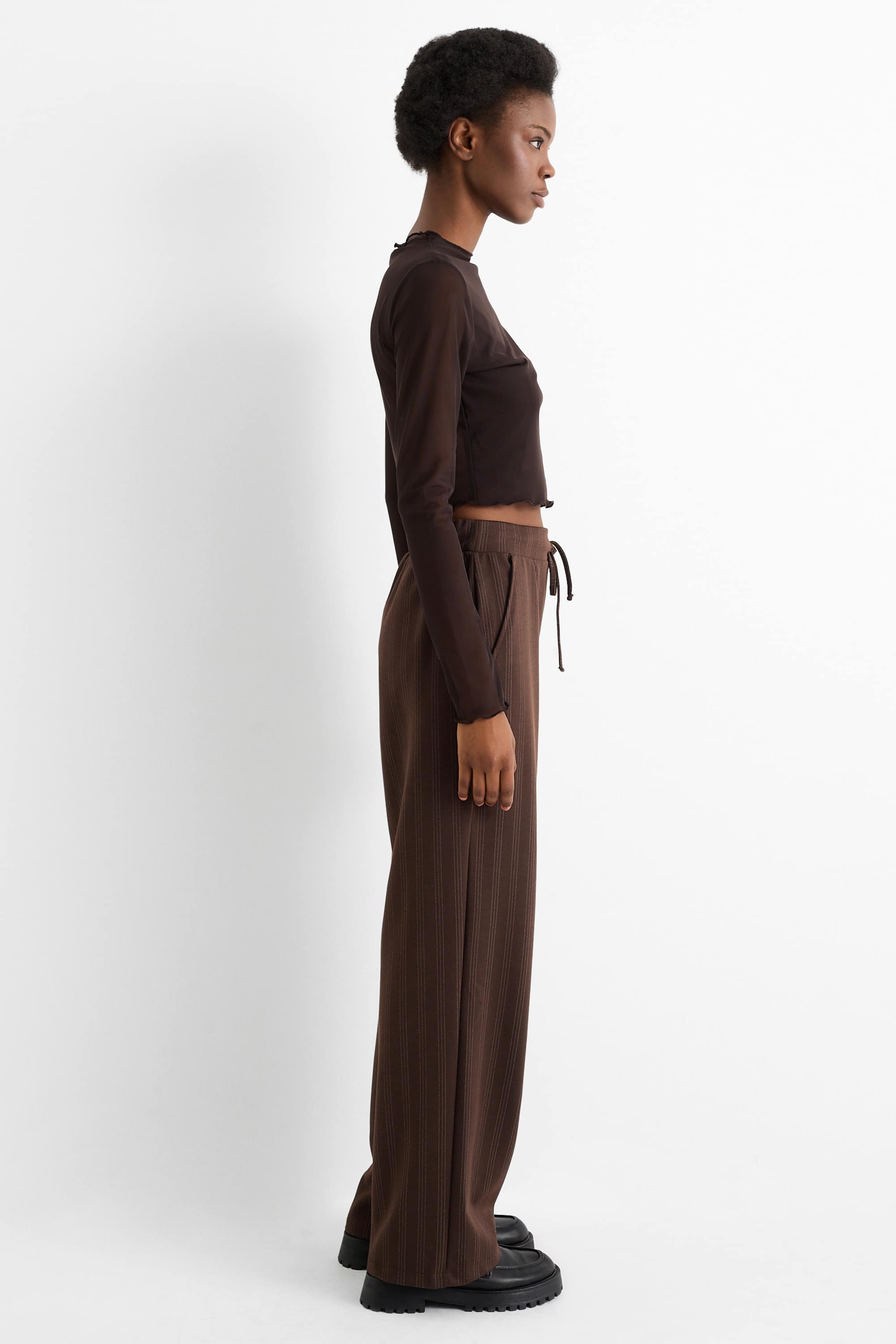 Jersey trousers - mid-rise waist - wide leg - pinstripes dark brown