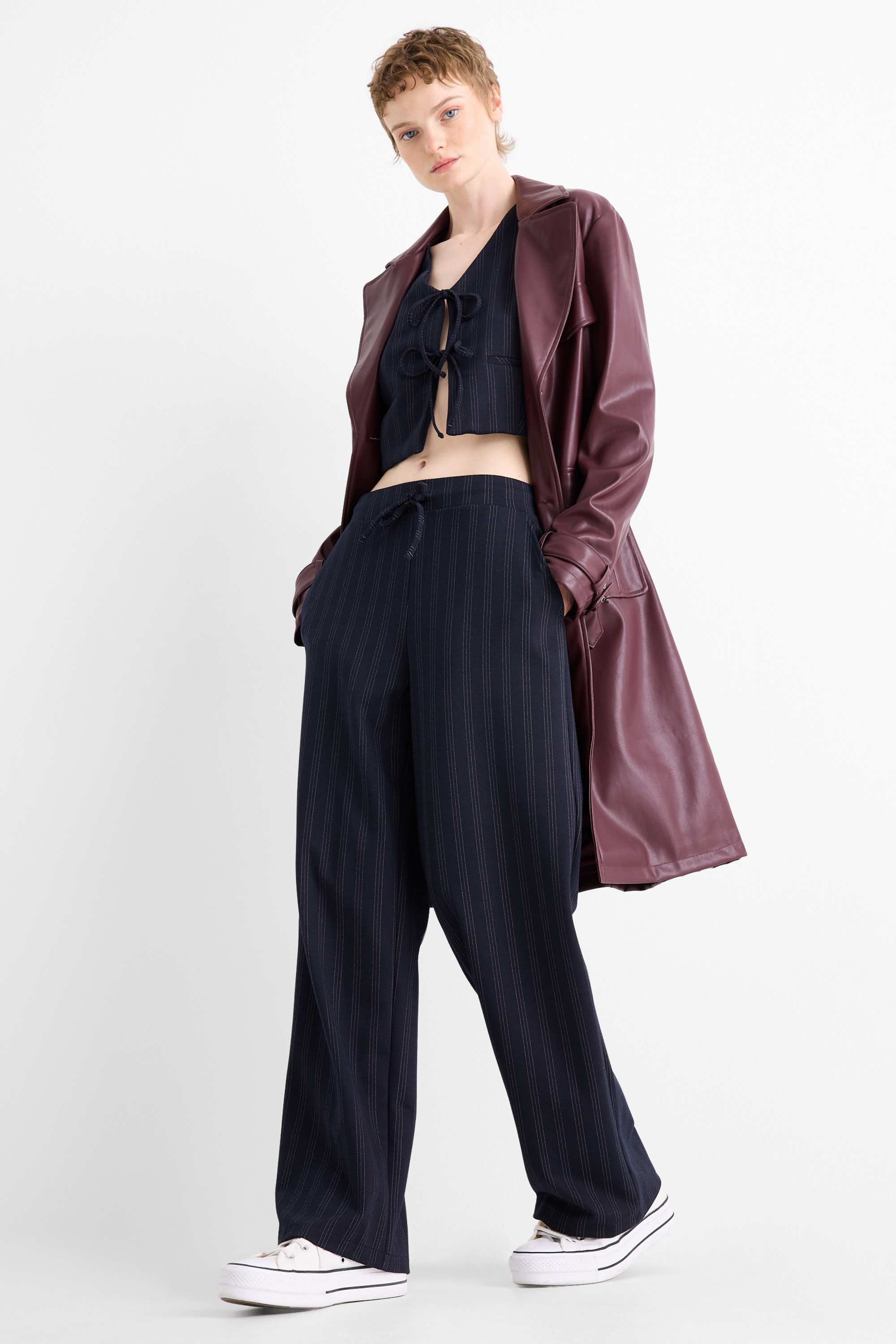 Jersey trousers - mid-rise waist - wide leg - pinstripes dark blue