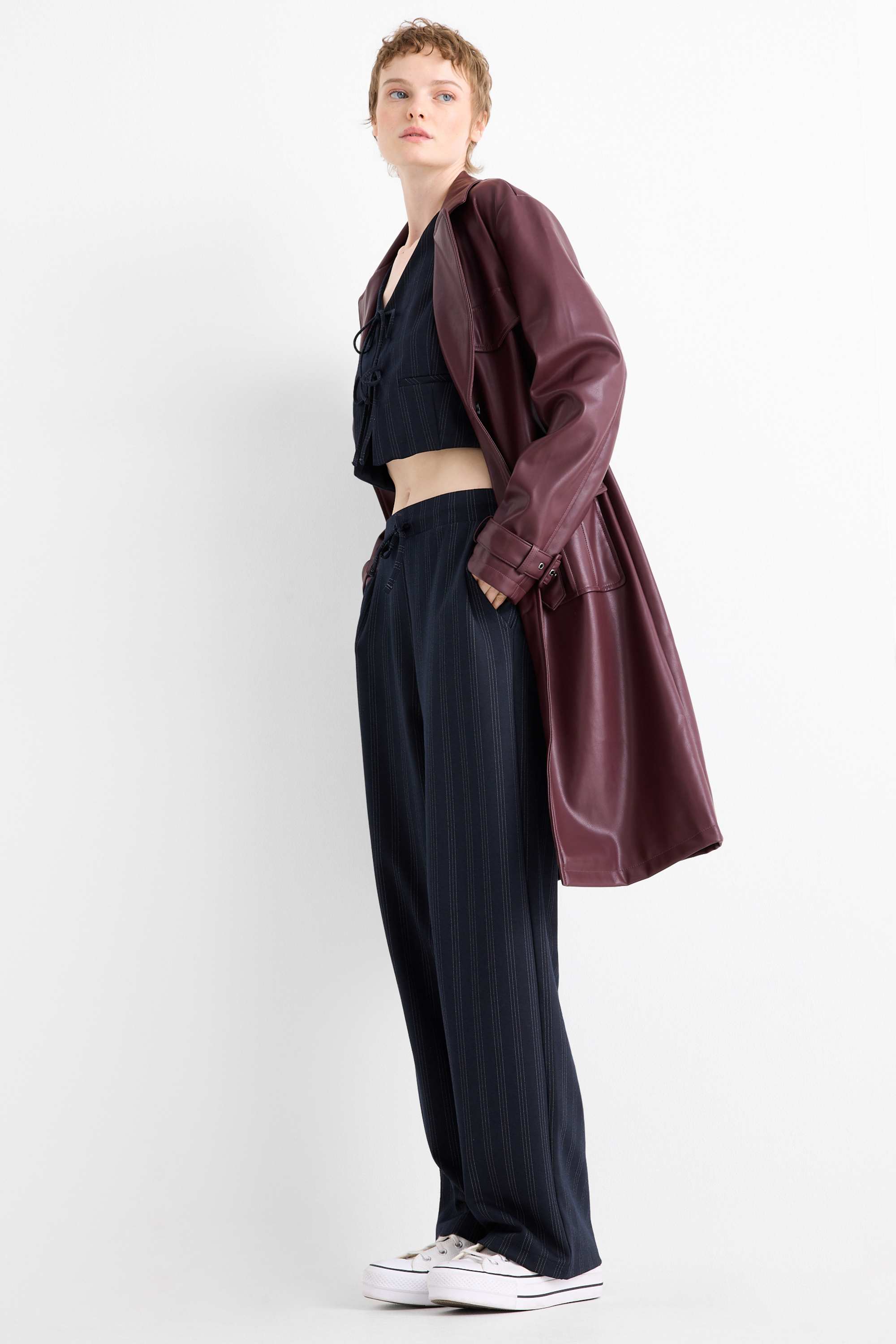 Jersey trousers - mid-rise waist - wide leg - pinstripes dark blue