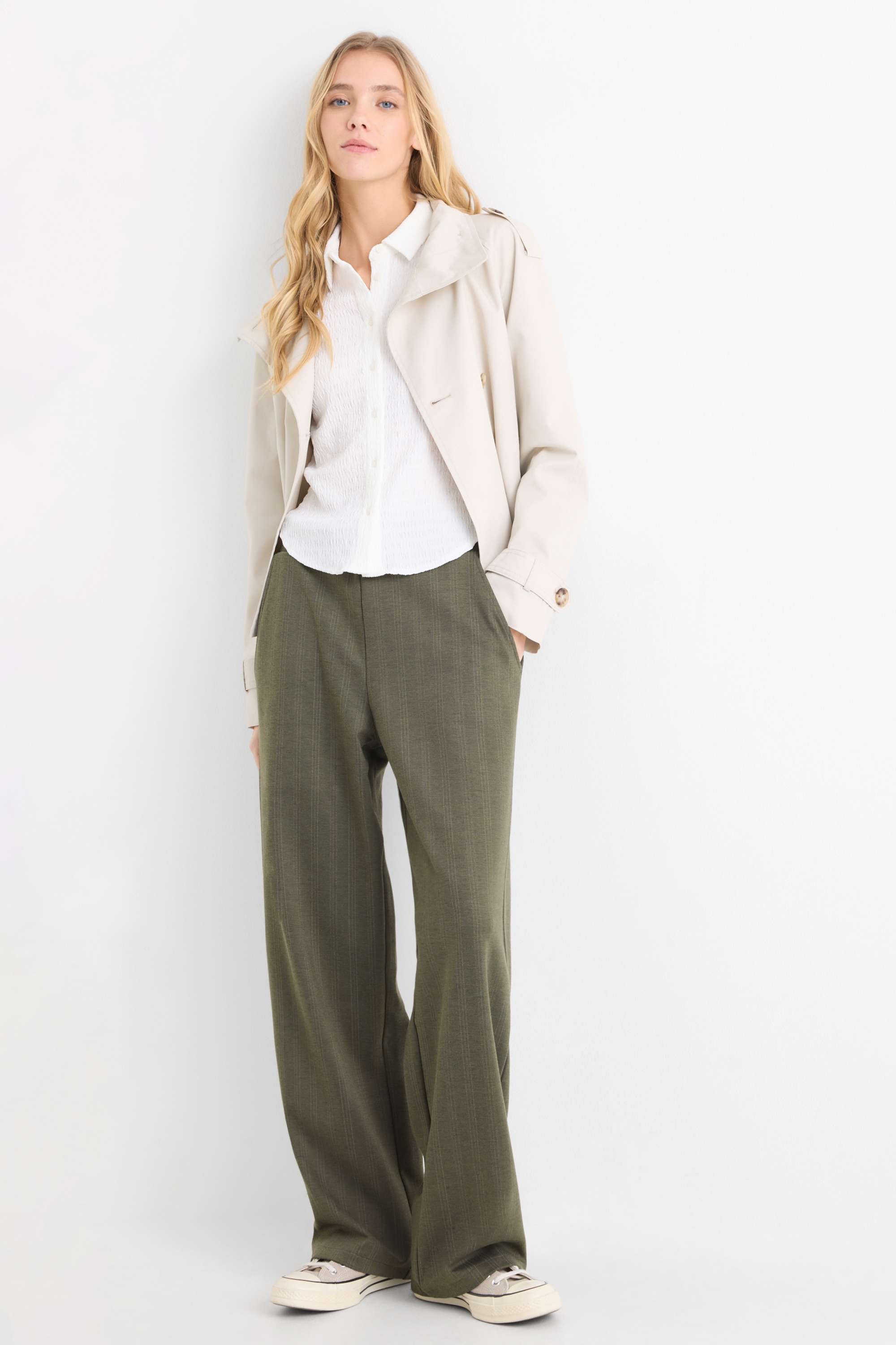 Jersey trousers - mid-rise waist - wide leg - pinstripes green