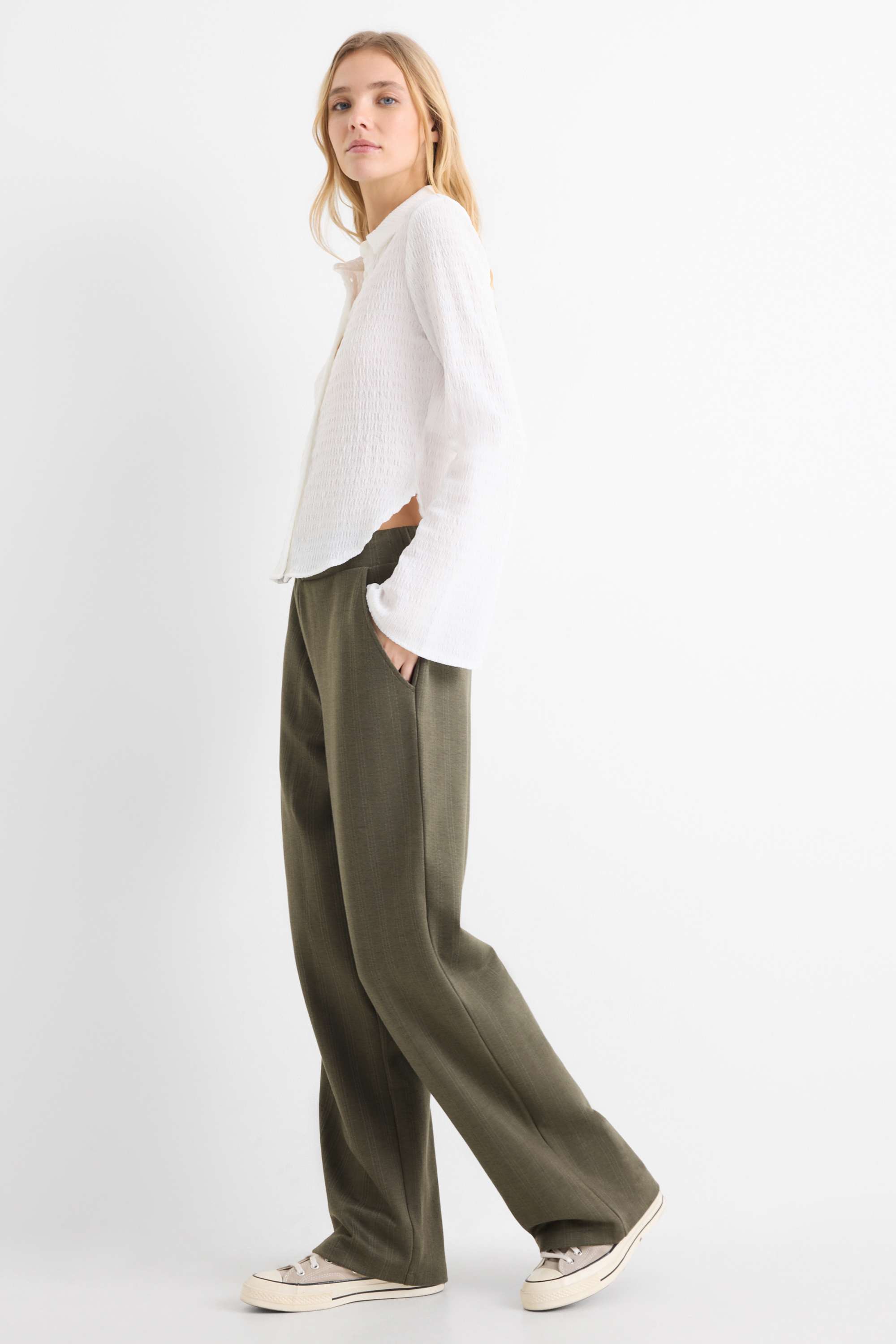Jersey trousers - mid-rise waist - wide leg - pinstripes green