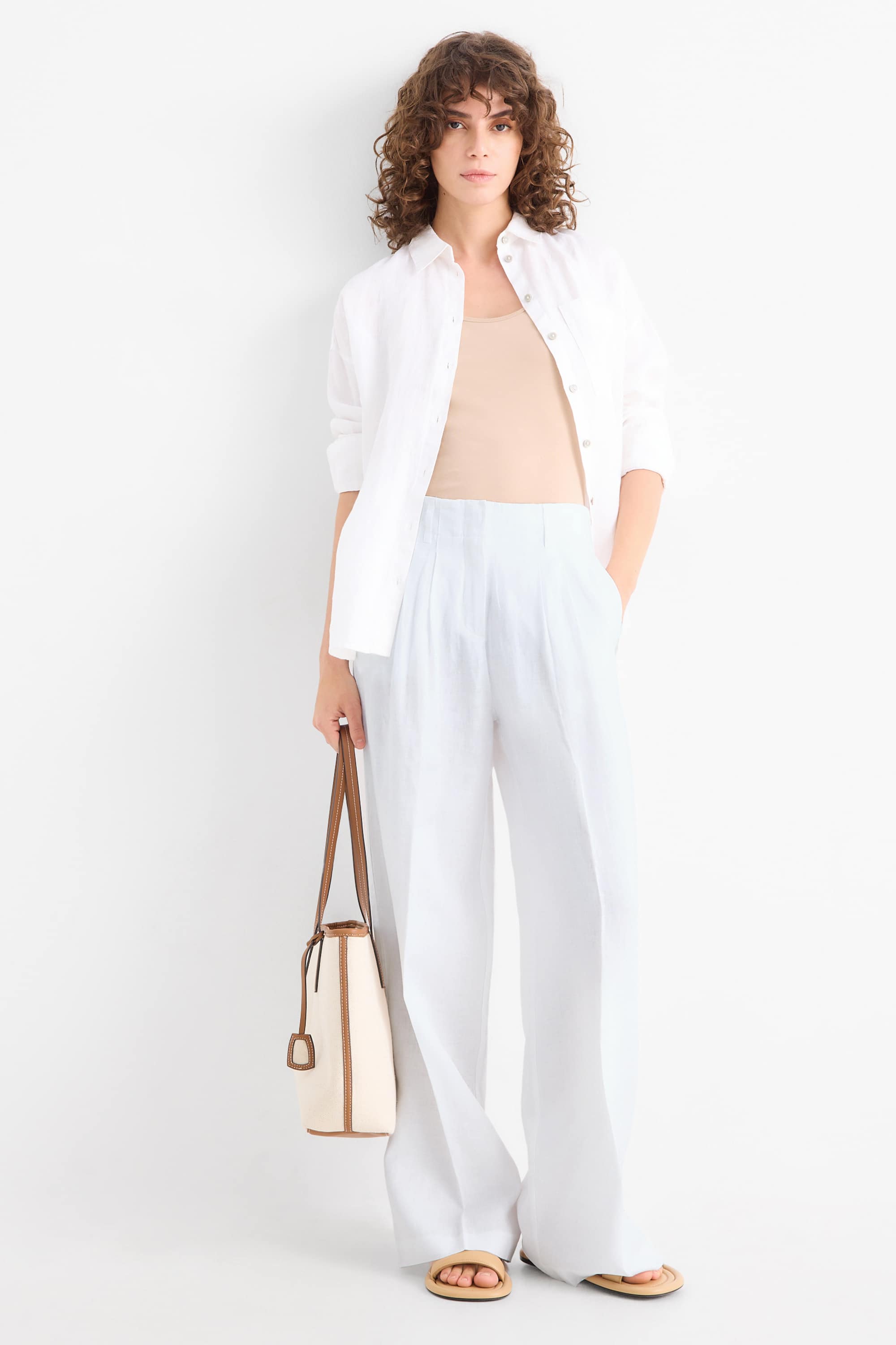 Linen trousers - high waist - wide leg white