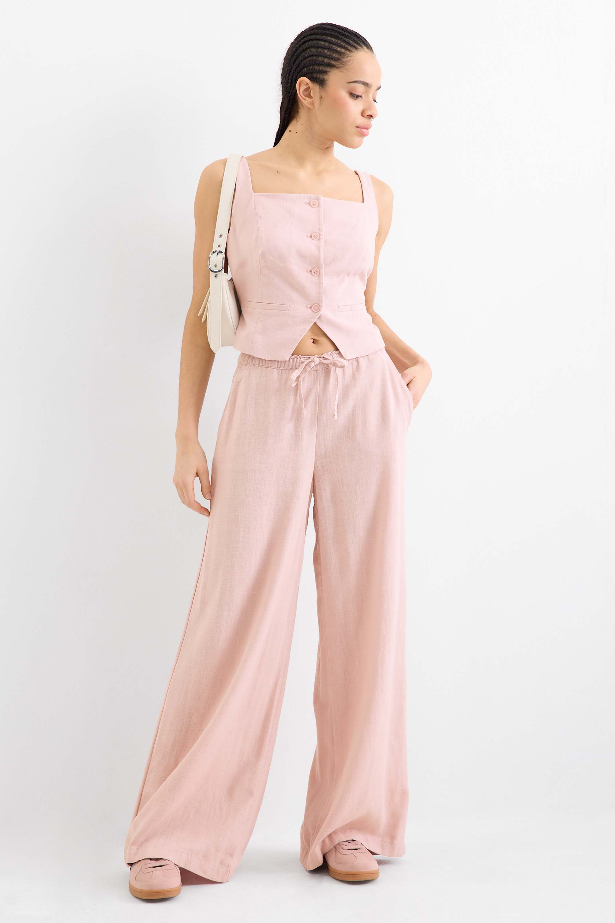 Cloth trousers with linen content - mid-rise waist - loose fit rose