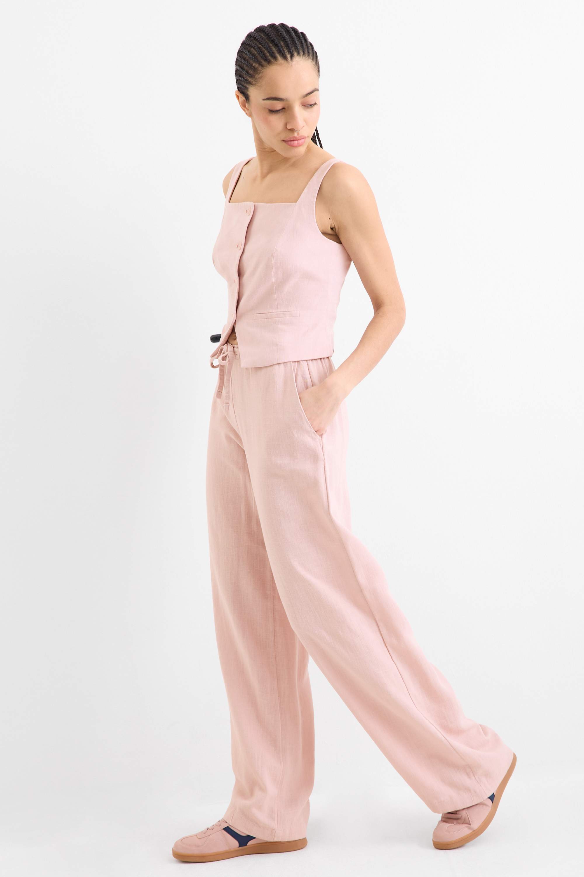 Cloth trousers with linen content - mid-rise waist - loose fit rose