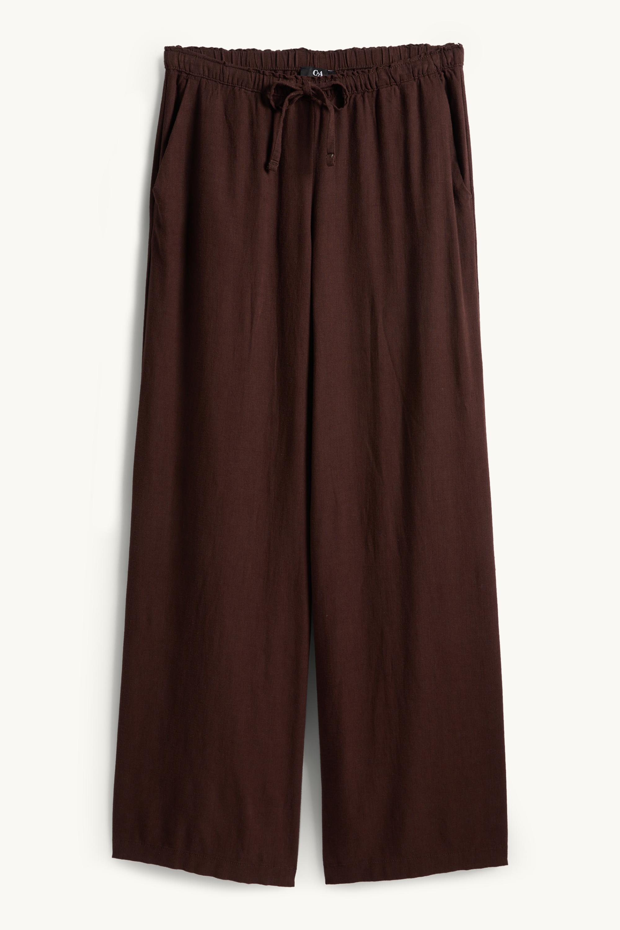 Cloth trousers with linen content - mid-rise waist - loose fit dark brown