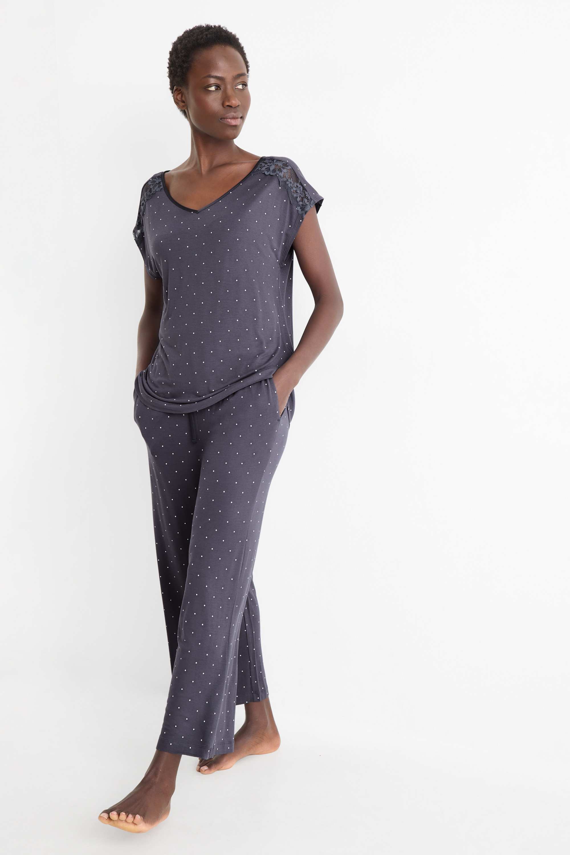 Viscose pyjamas - polka dot dark blue