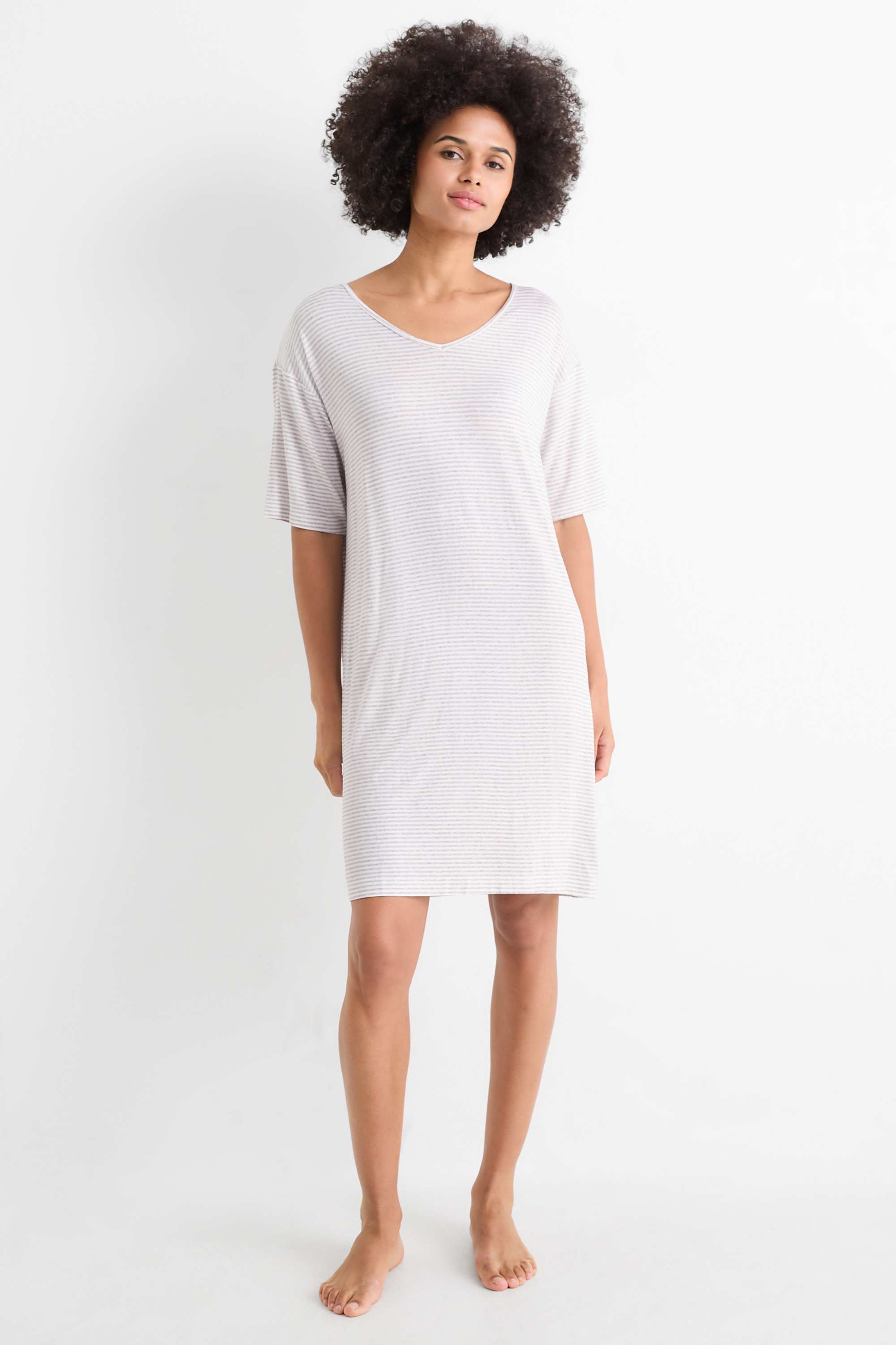 Viscose nightdress - striped light gray