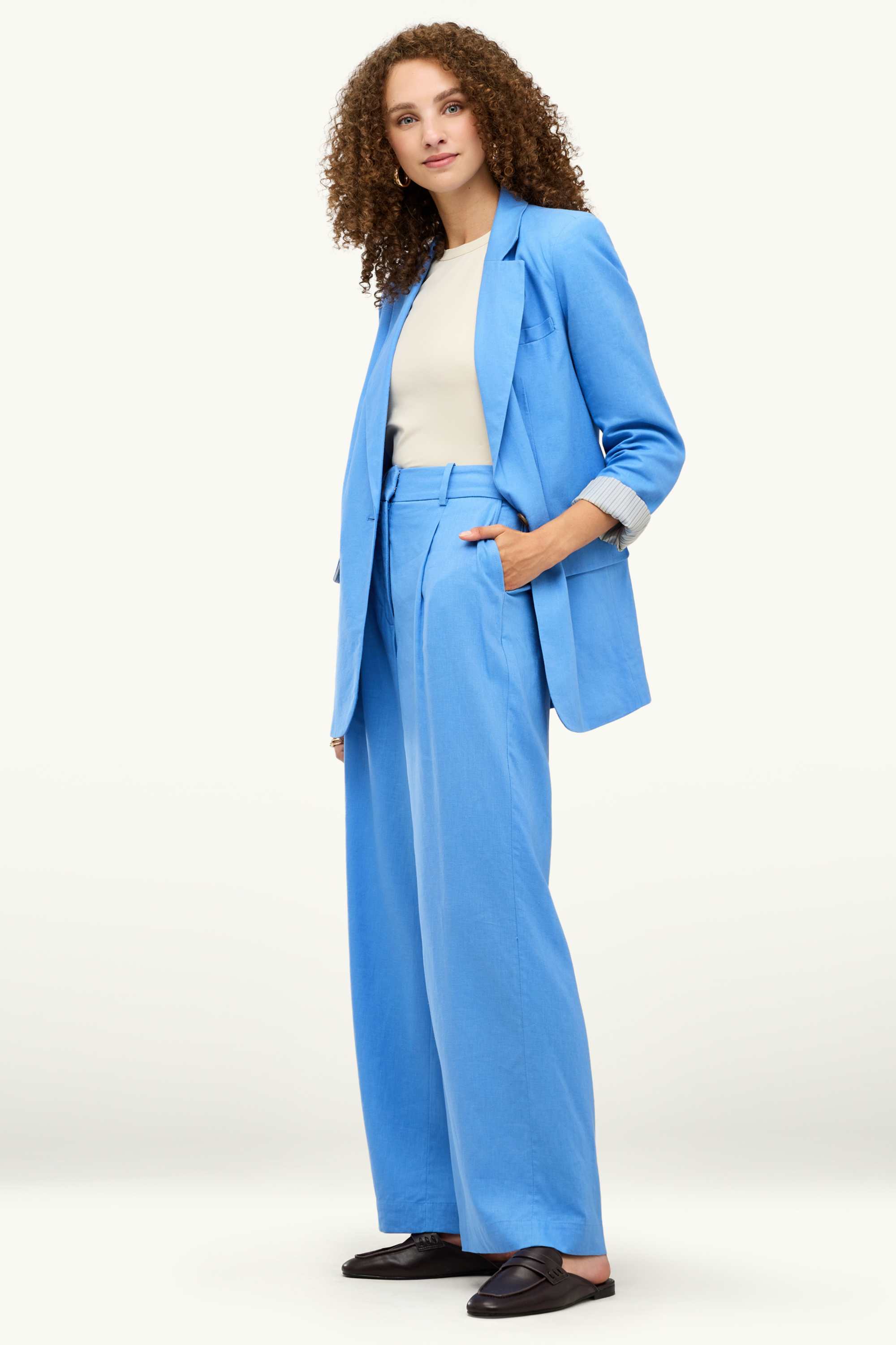 Business trousers - high waist - wide leg - linen blend blue