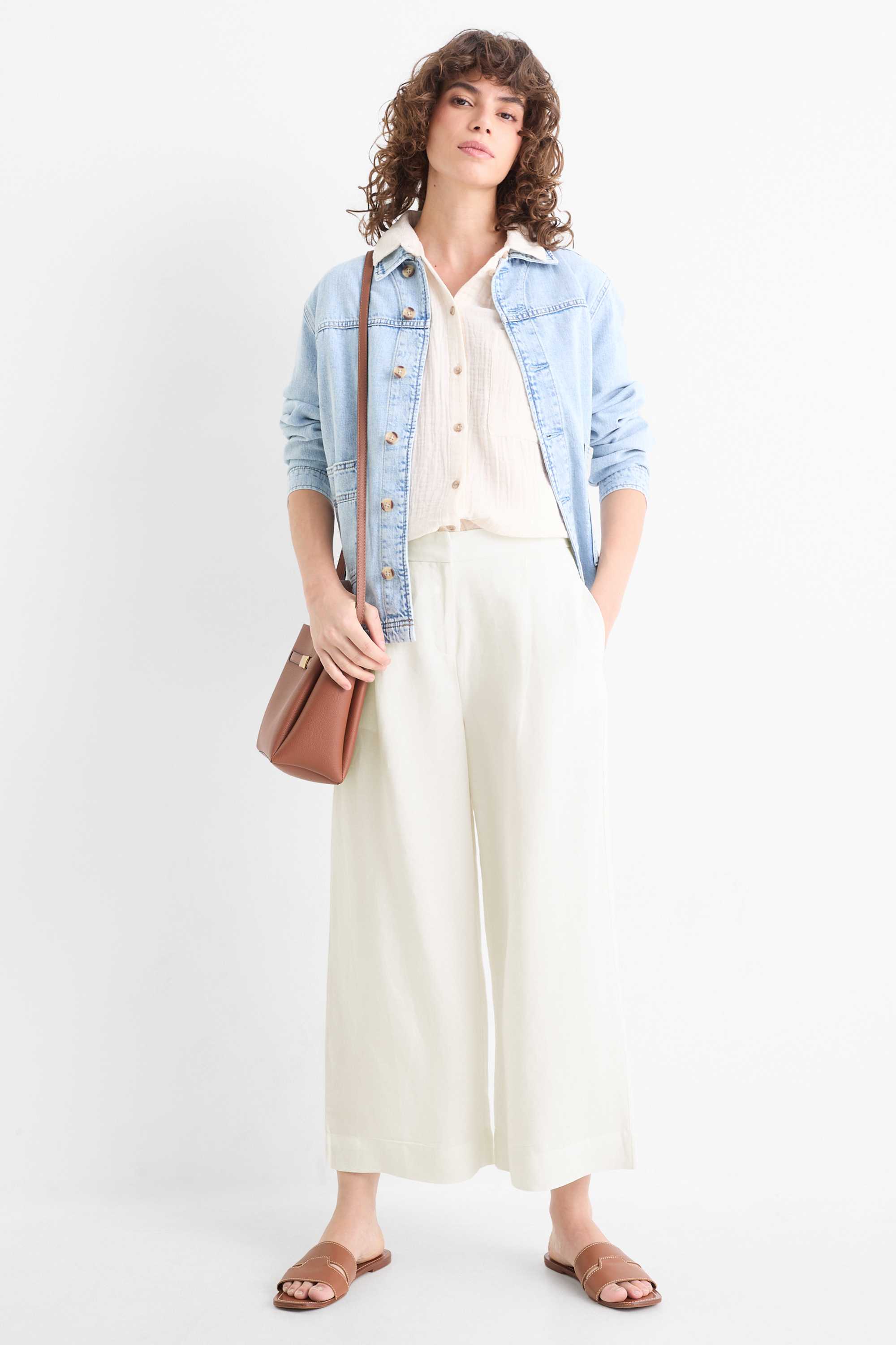 Business trousers with linen content - high waist - wide leg cremewhite