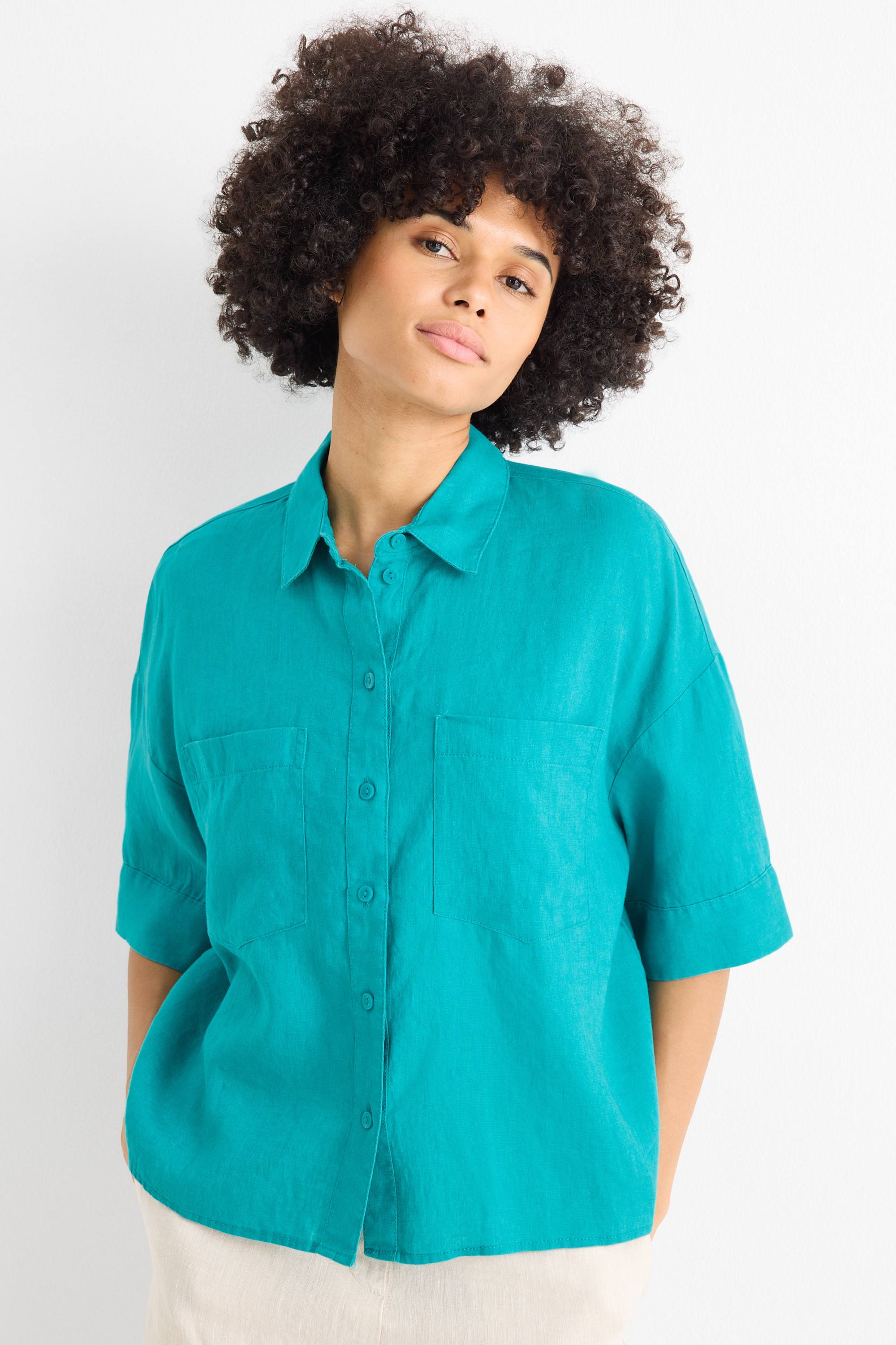 Linen shirt blouse dark turquoise