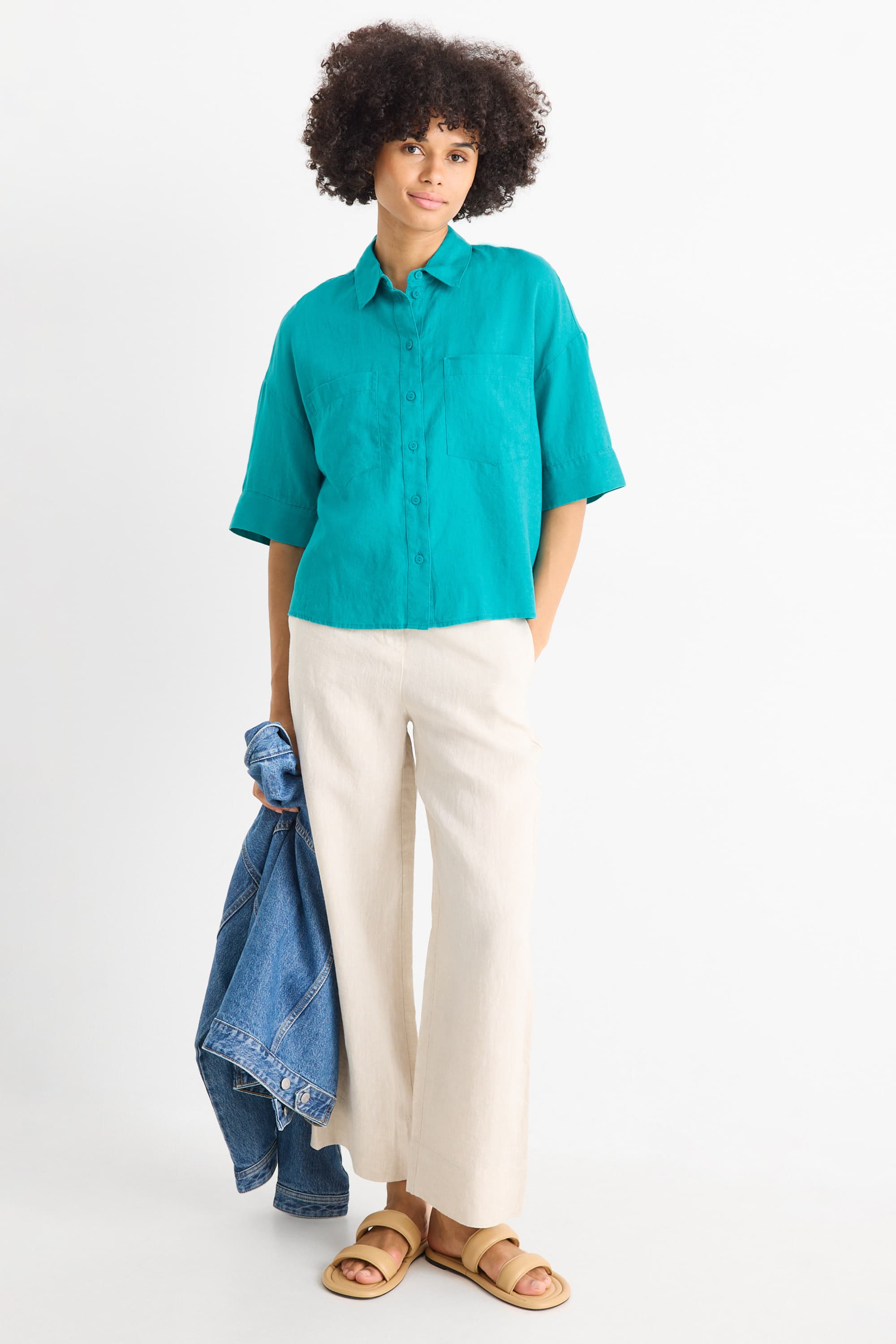 Linen shirt blouse dark turquoise