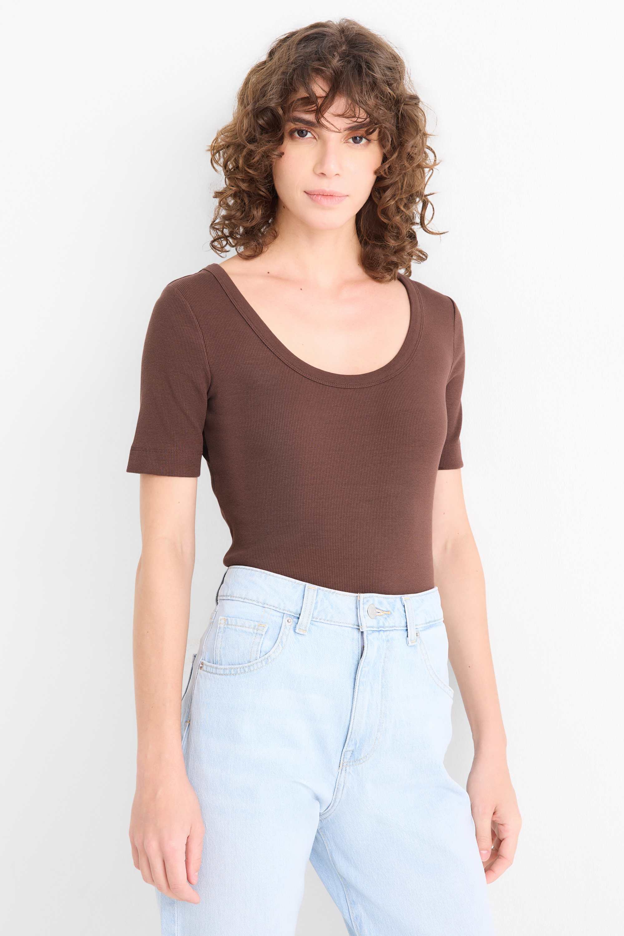 T-shirt - regular fit - ribbed brown