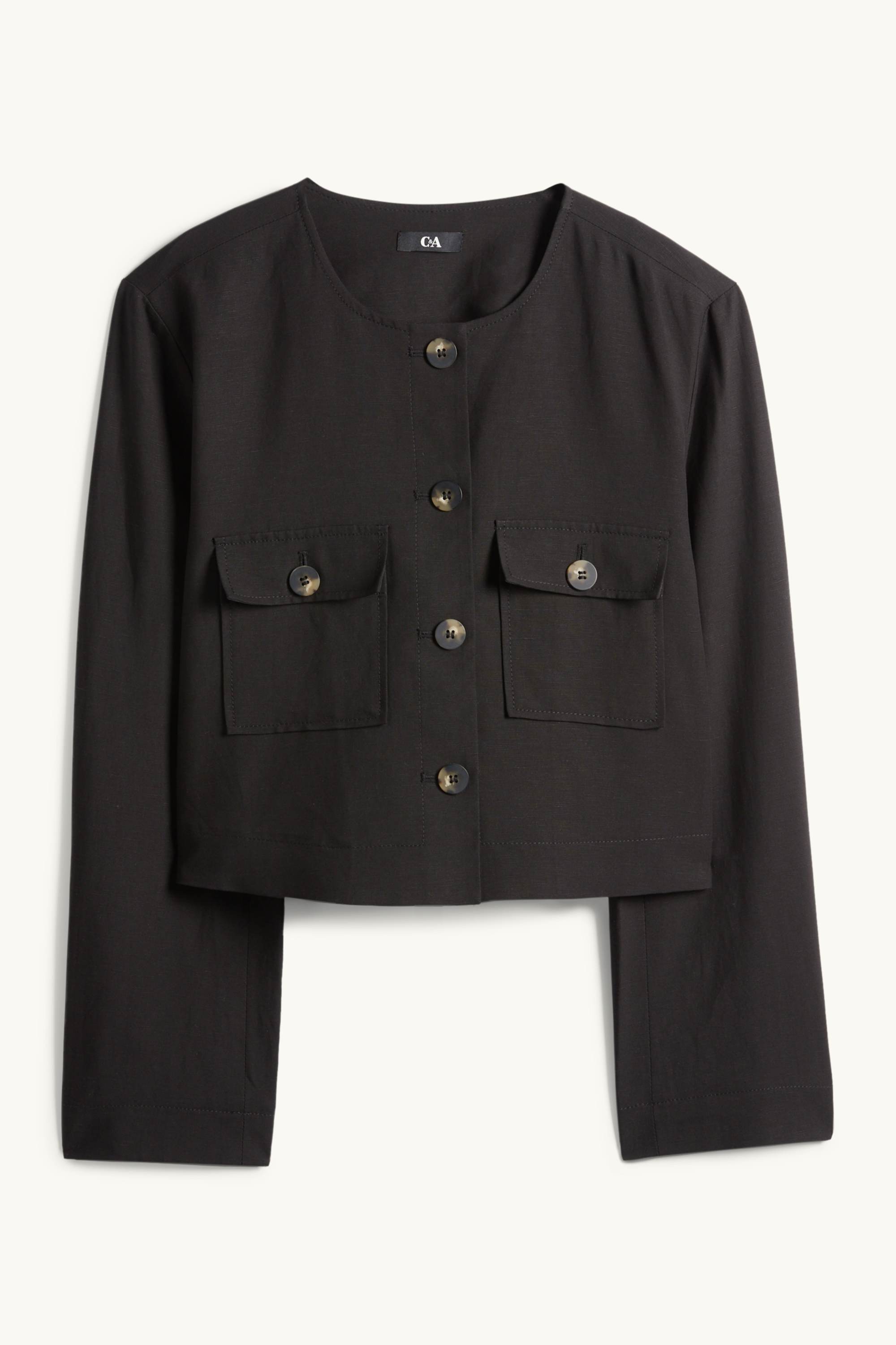 Cropped blazer with linen content - slim fit black
