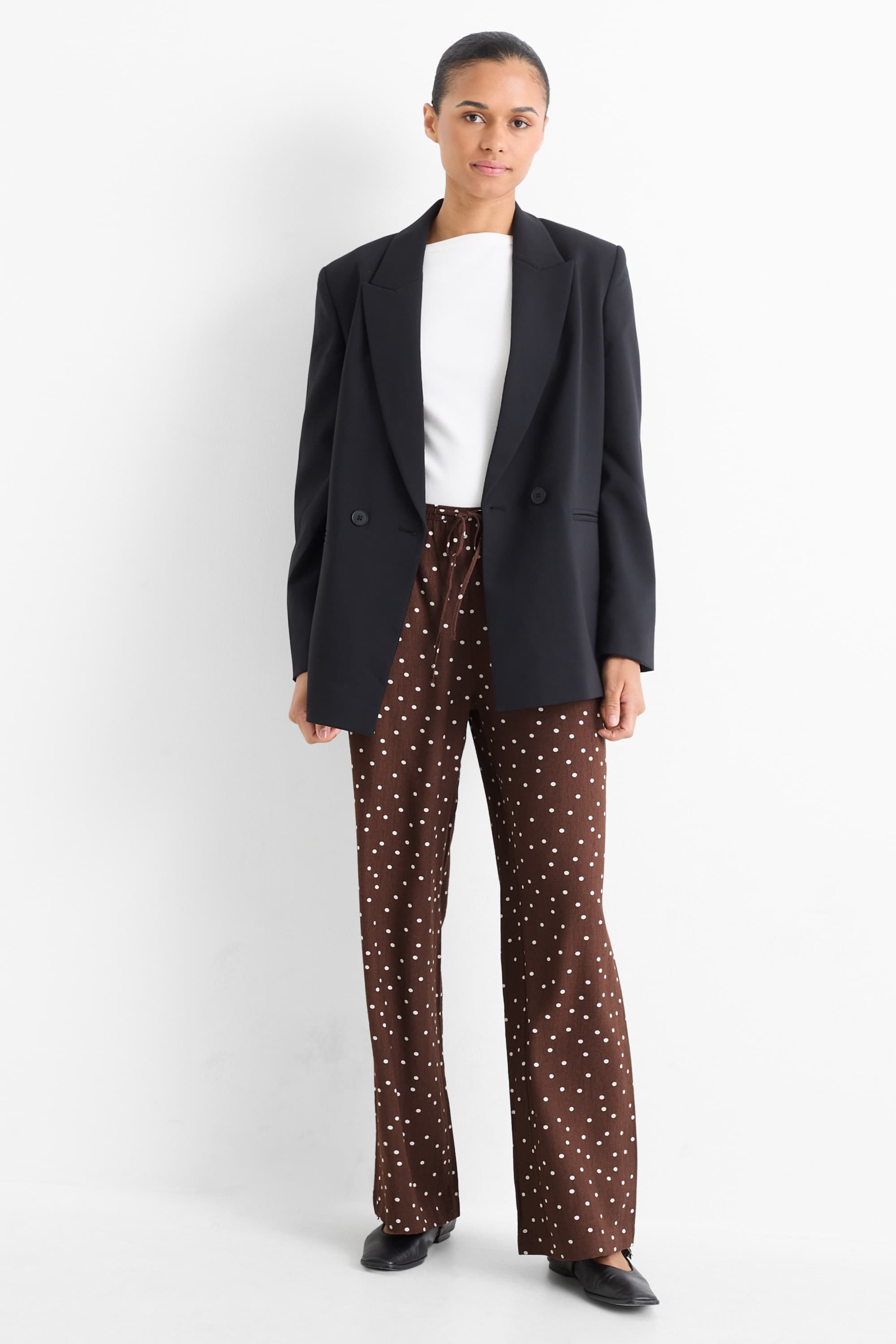 Cloth trousers - mid-rise waist - wide leg - polka dot brown