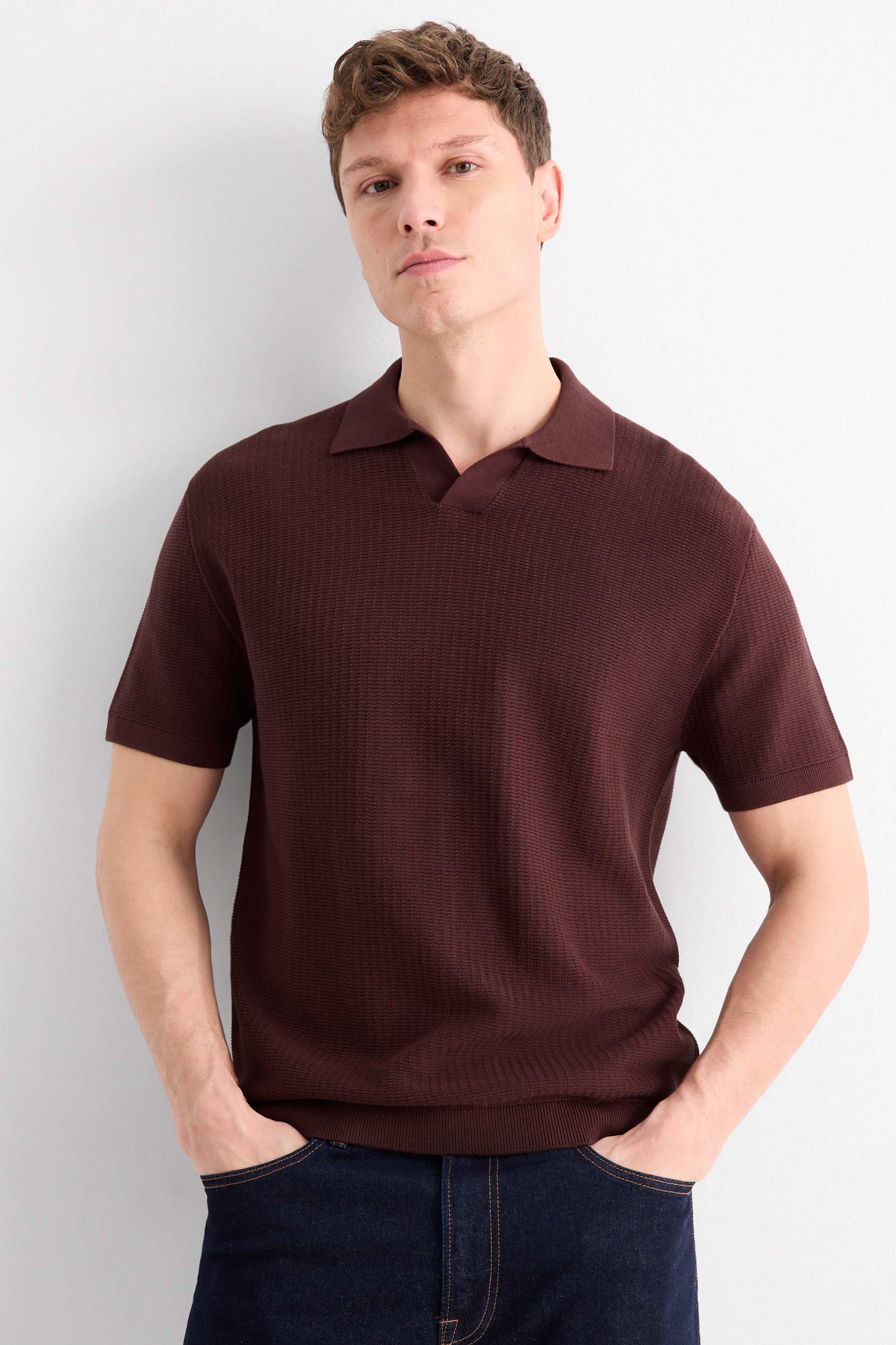 Knitted polo shirt - relaxed fit - textured bordeaux