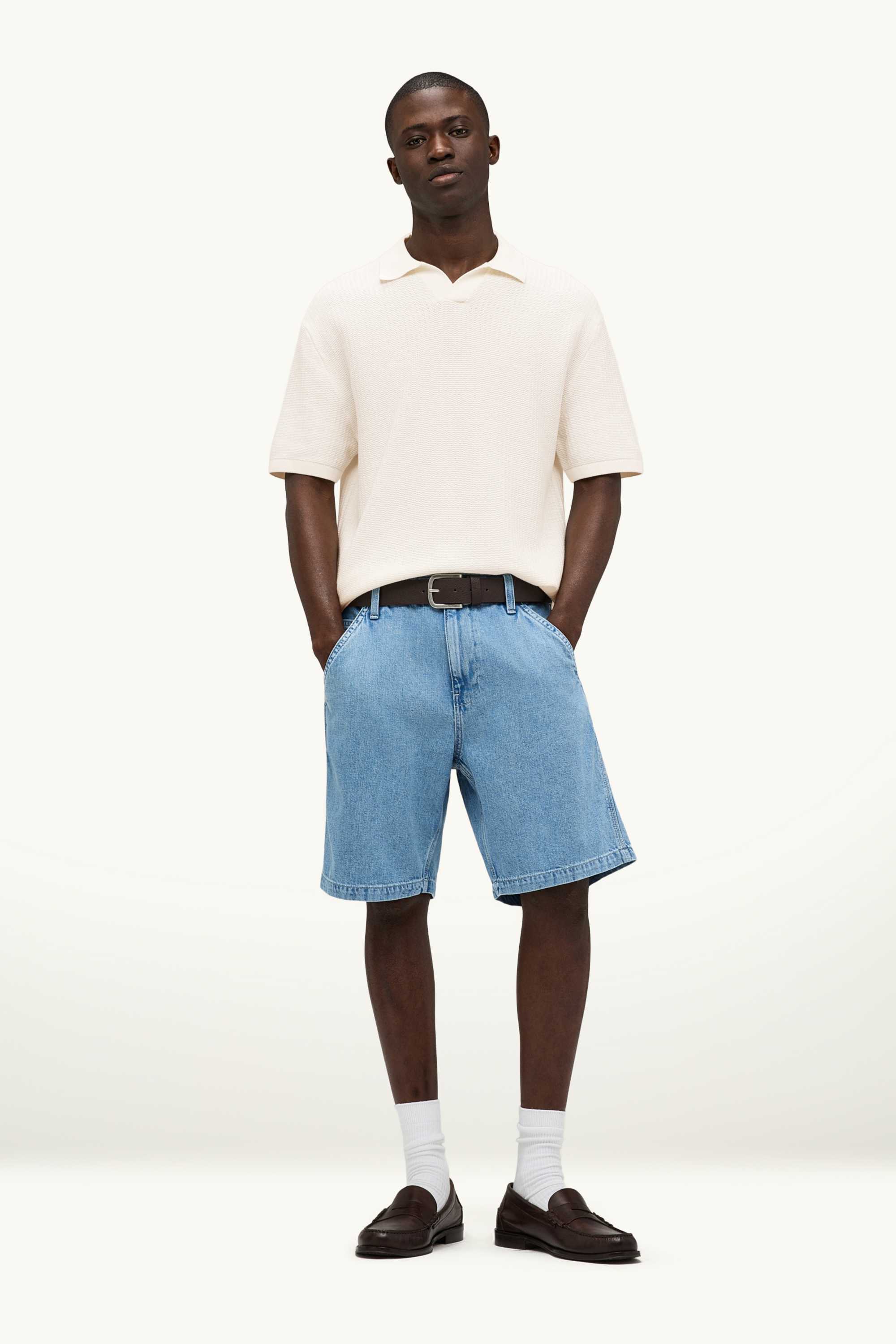 Knitted polo shirt - relaxed fit - textured cremewhite