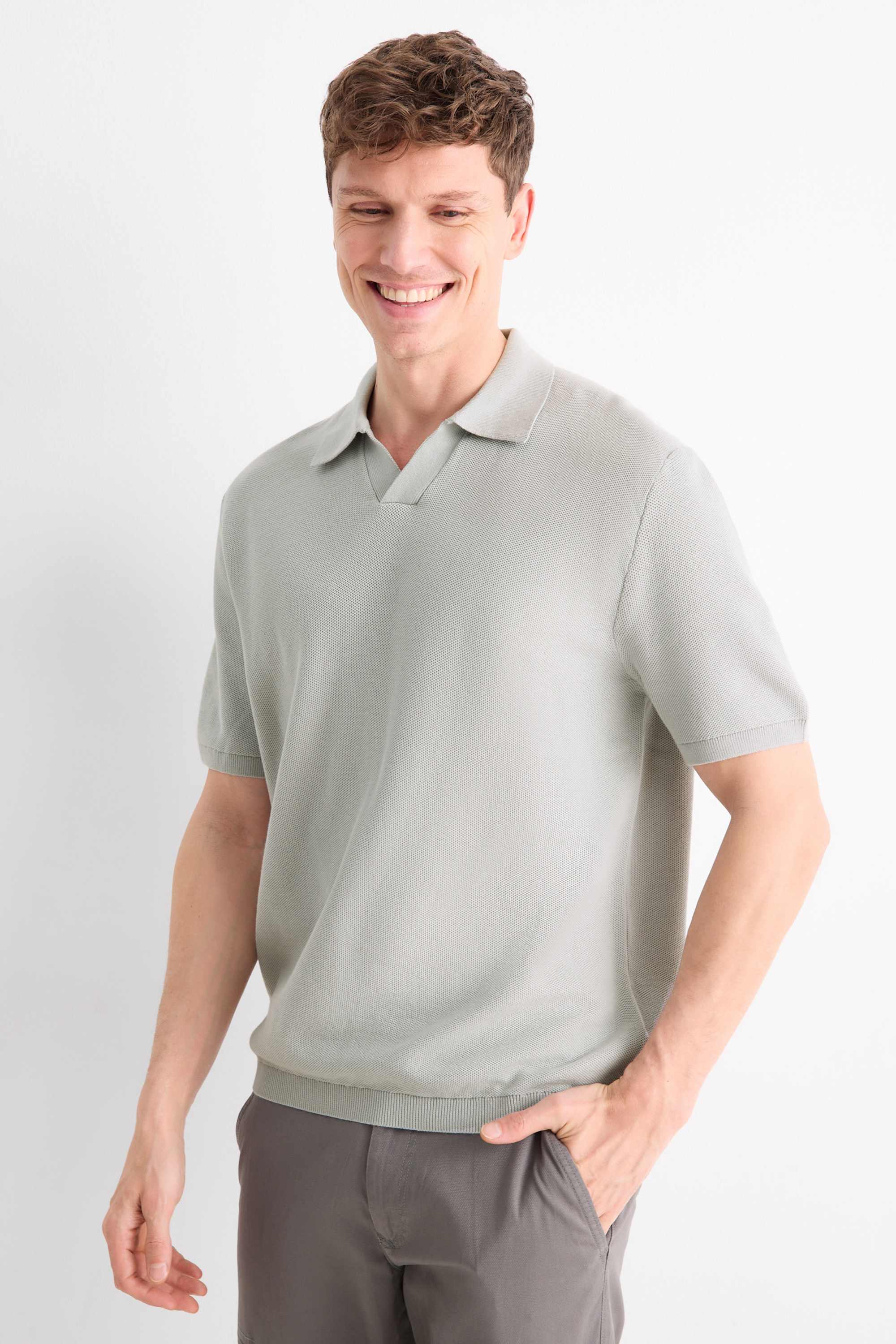 Knitted polo shirt - regular fit - textured gray