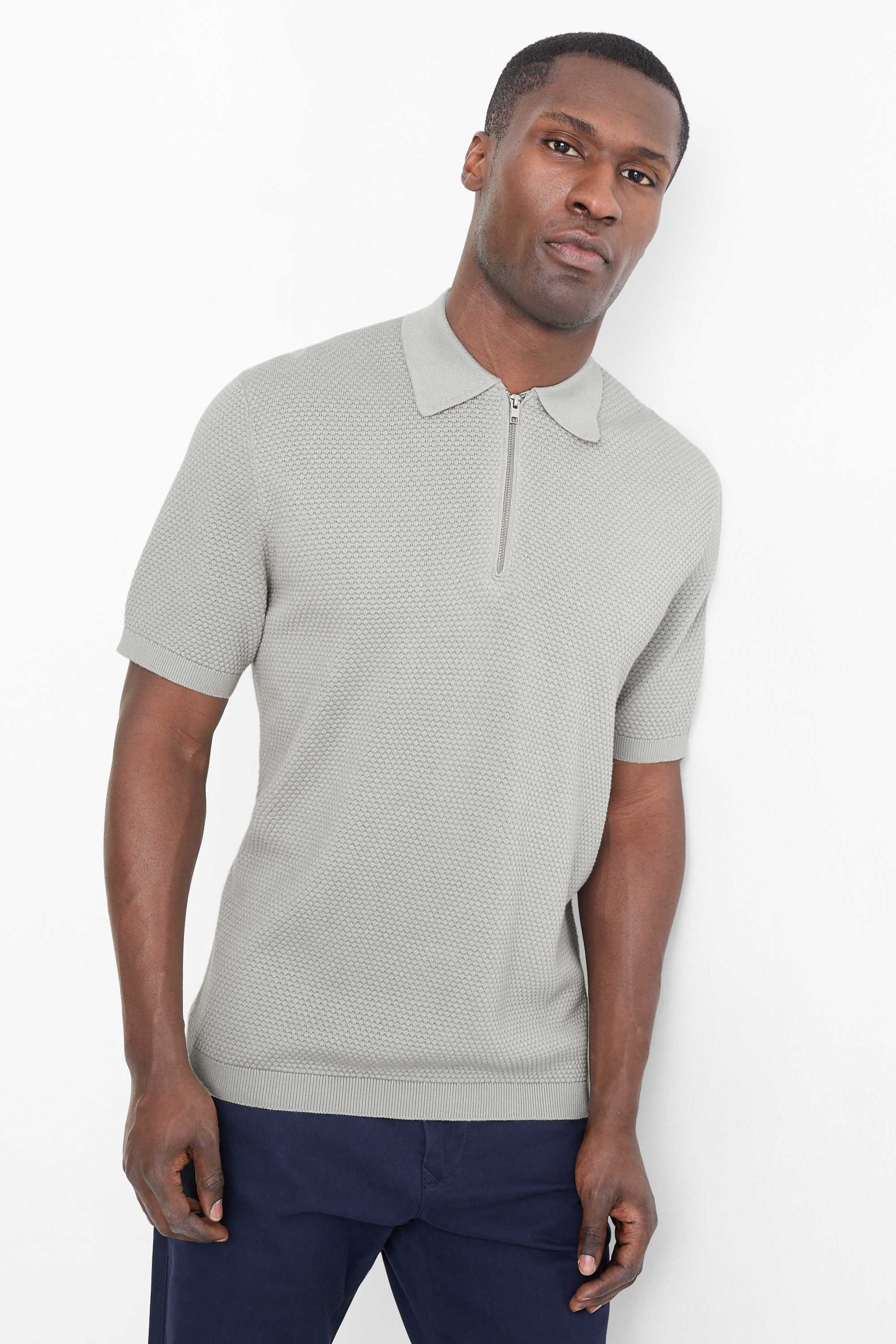 Knitted polo shirt - regular fit - textured gray