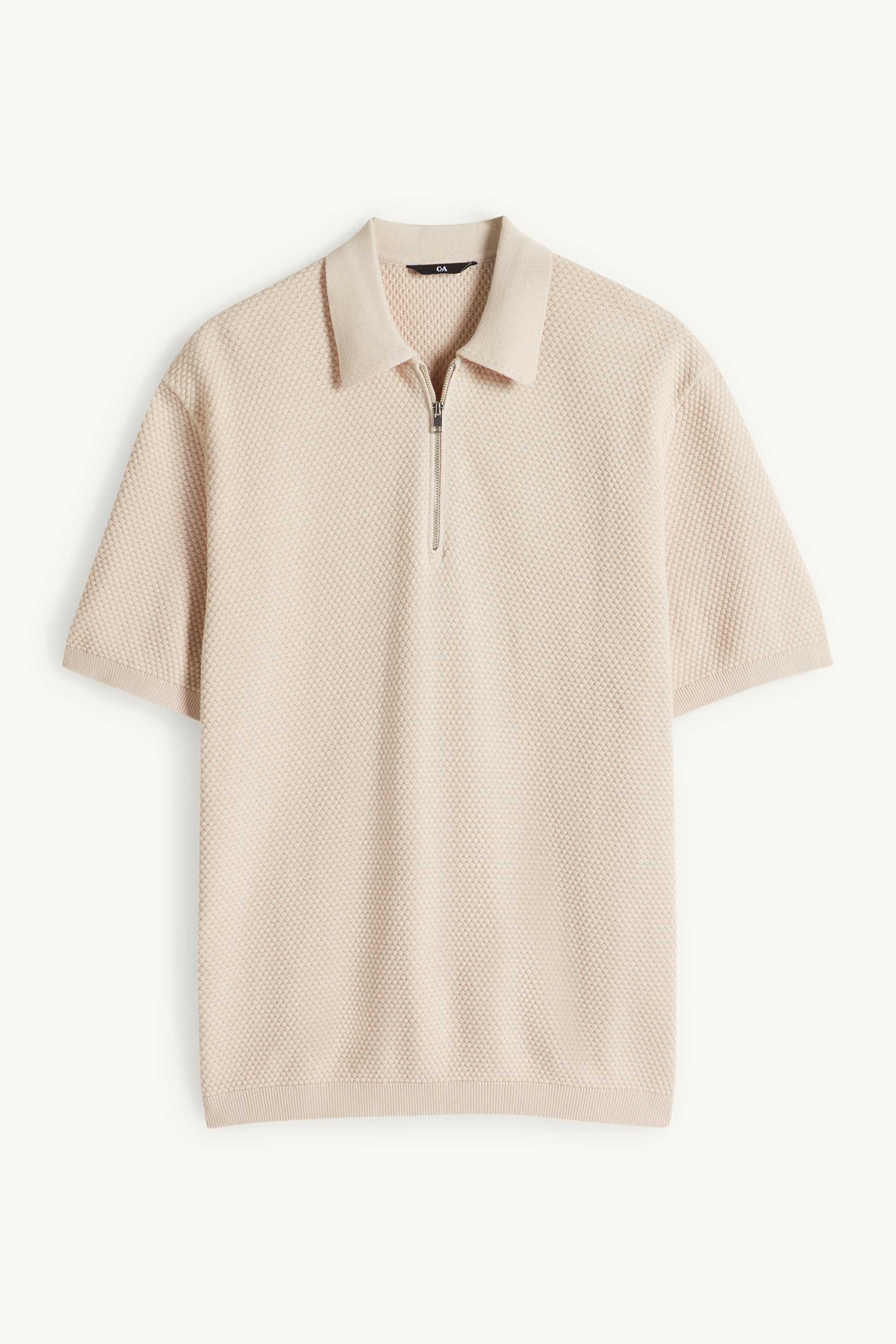 Knitted polo shirt - regular fit - textured light beige