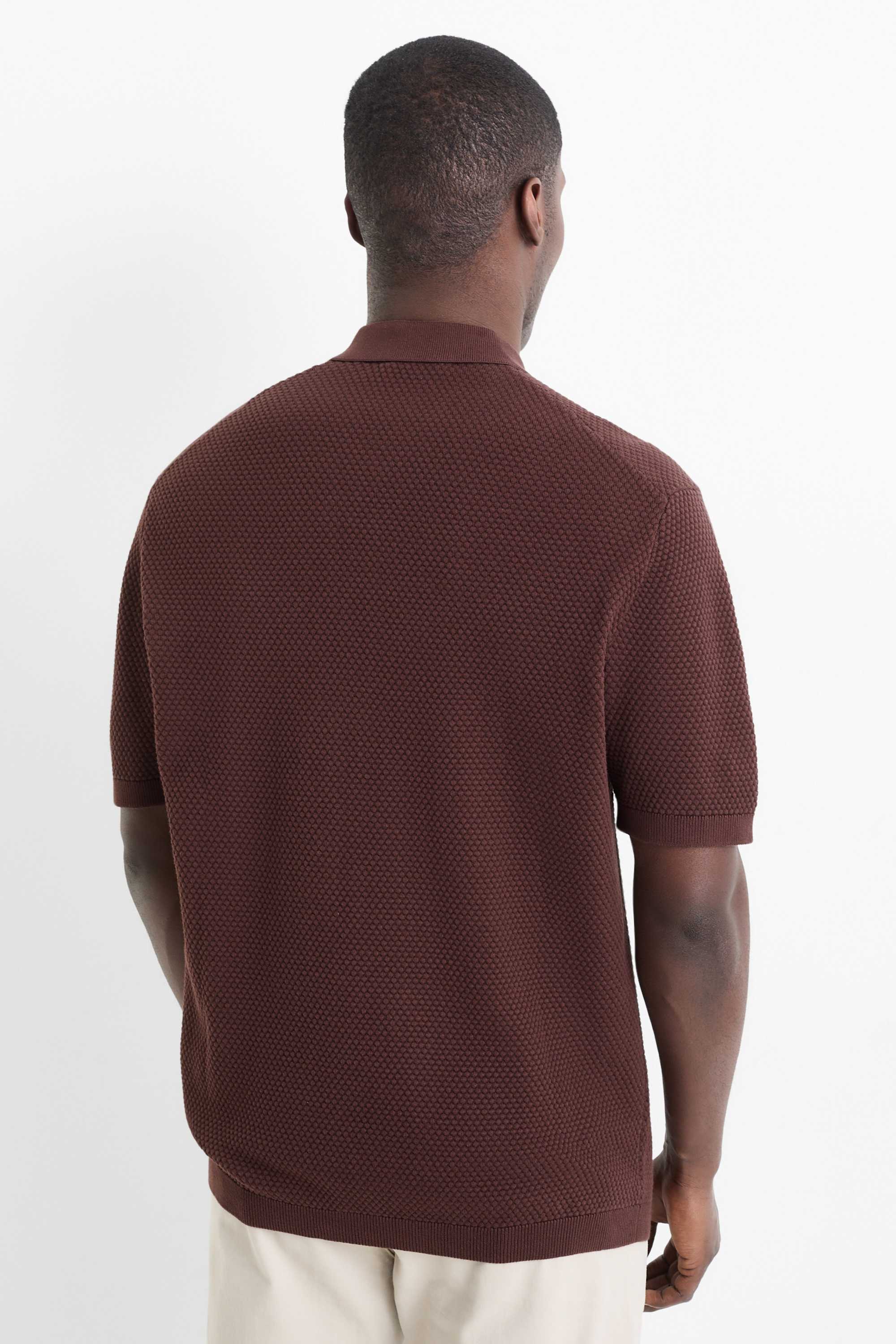 Knitted polo shirt - regular fit - textured dark brown