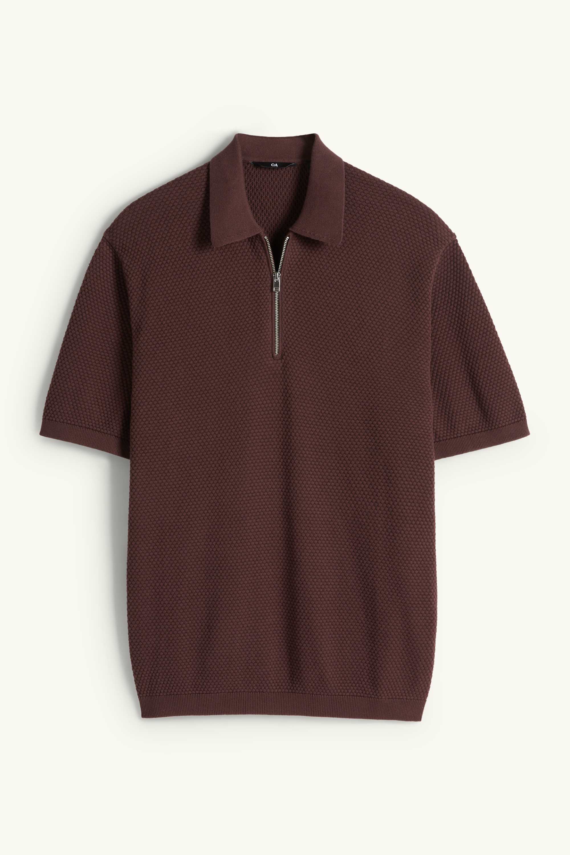 Knitted polo shirt - regular fit - textured dark brown