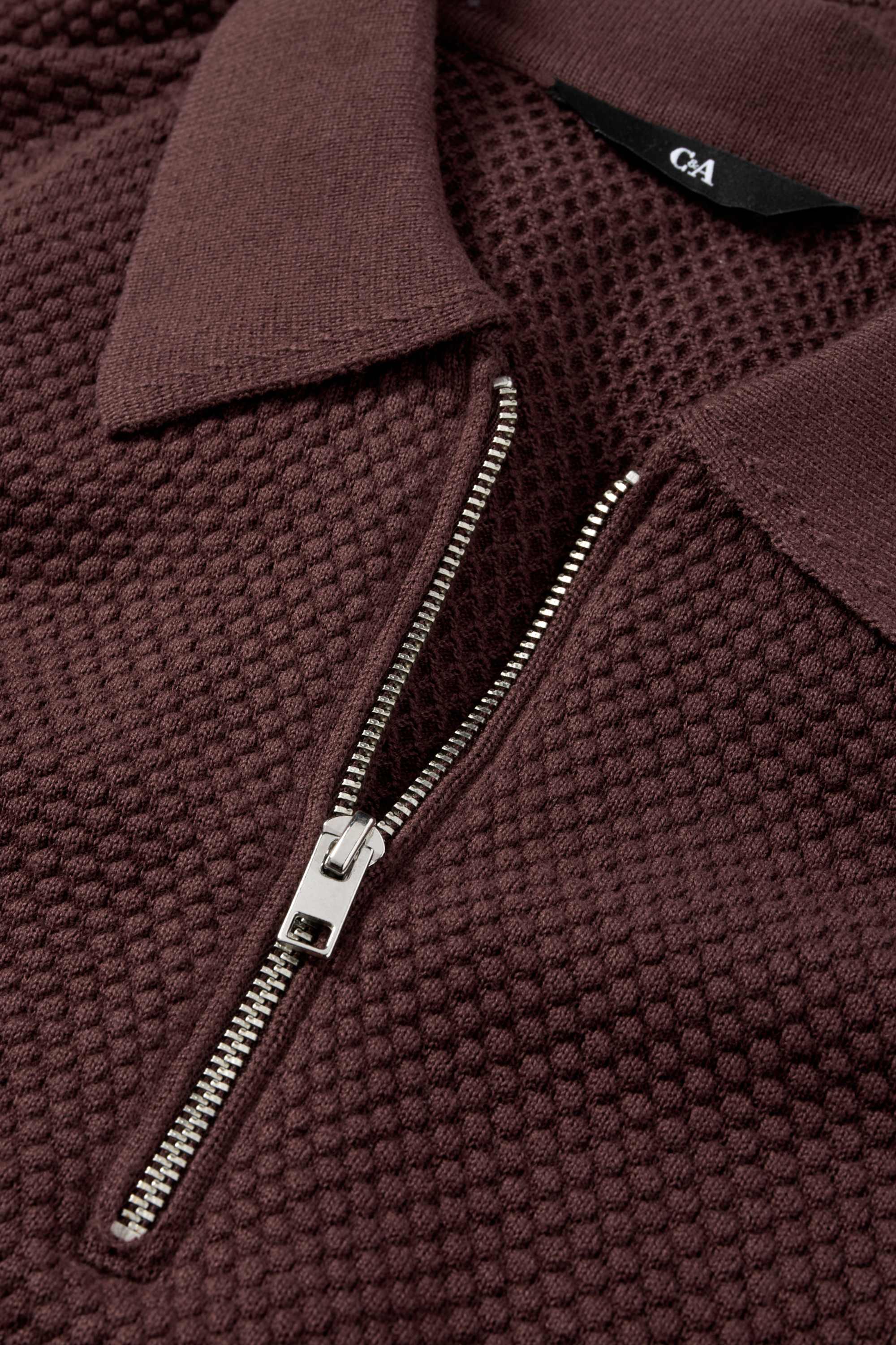 Knitted polo shirt - regular fit - textured dark brown