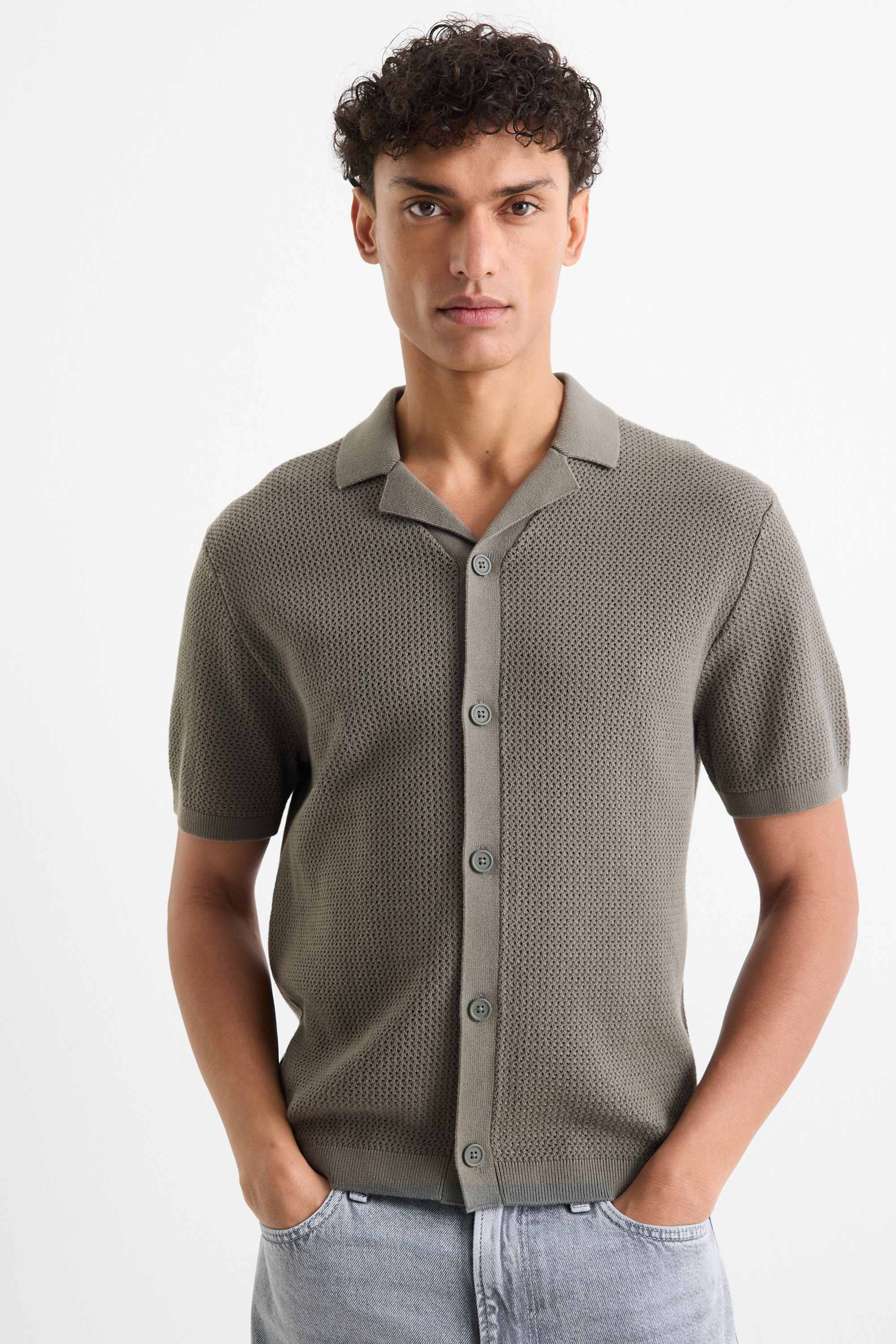 Knitted shirt - regular fit - lapel collar dark green