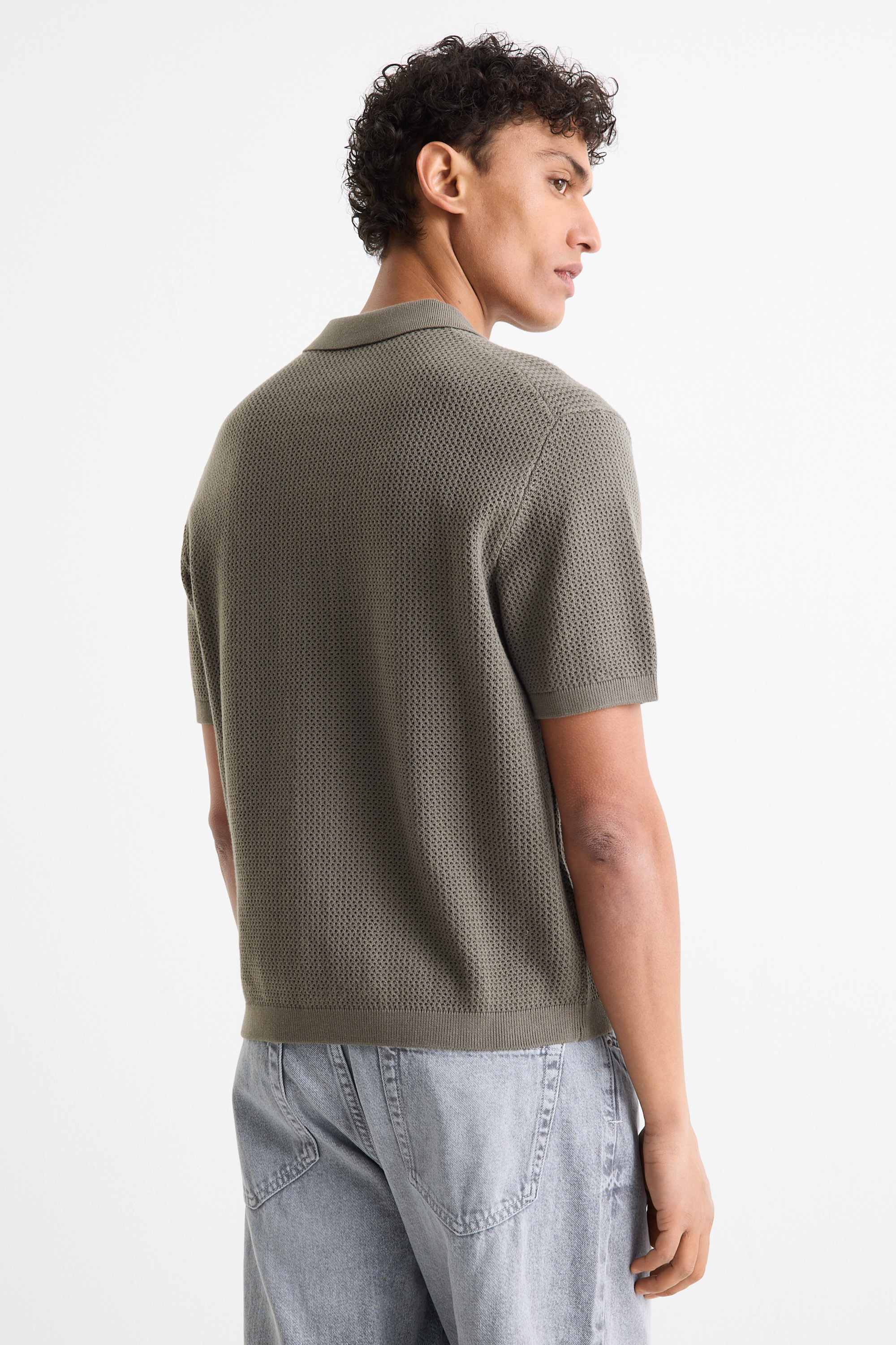 Knitted shirt - regular fit - lapel collar dark green