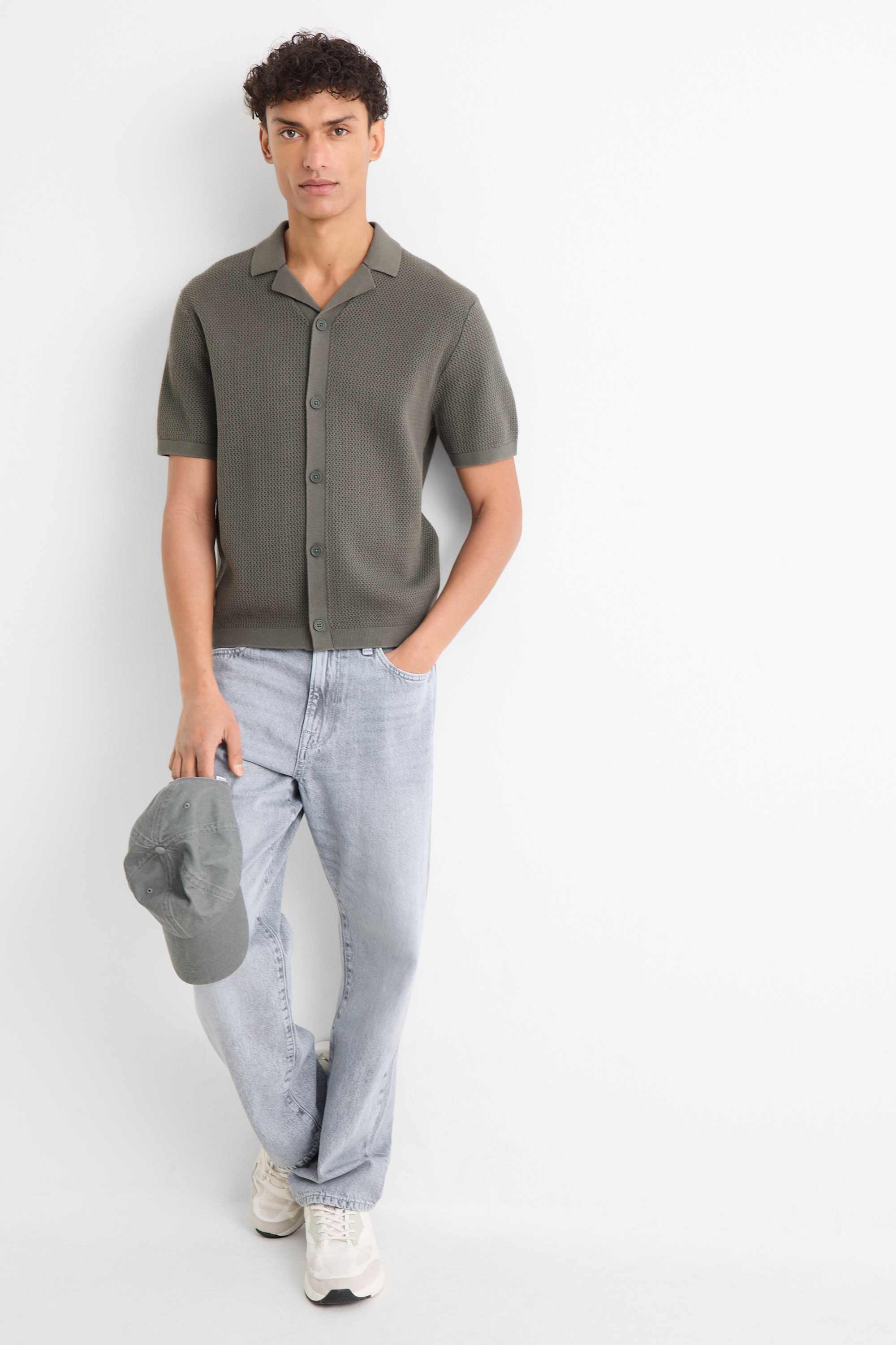 Knitted shirt - regular fit - lapel collar dark green