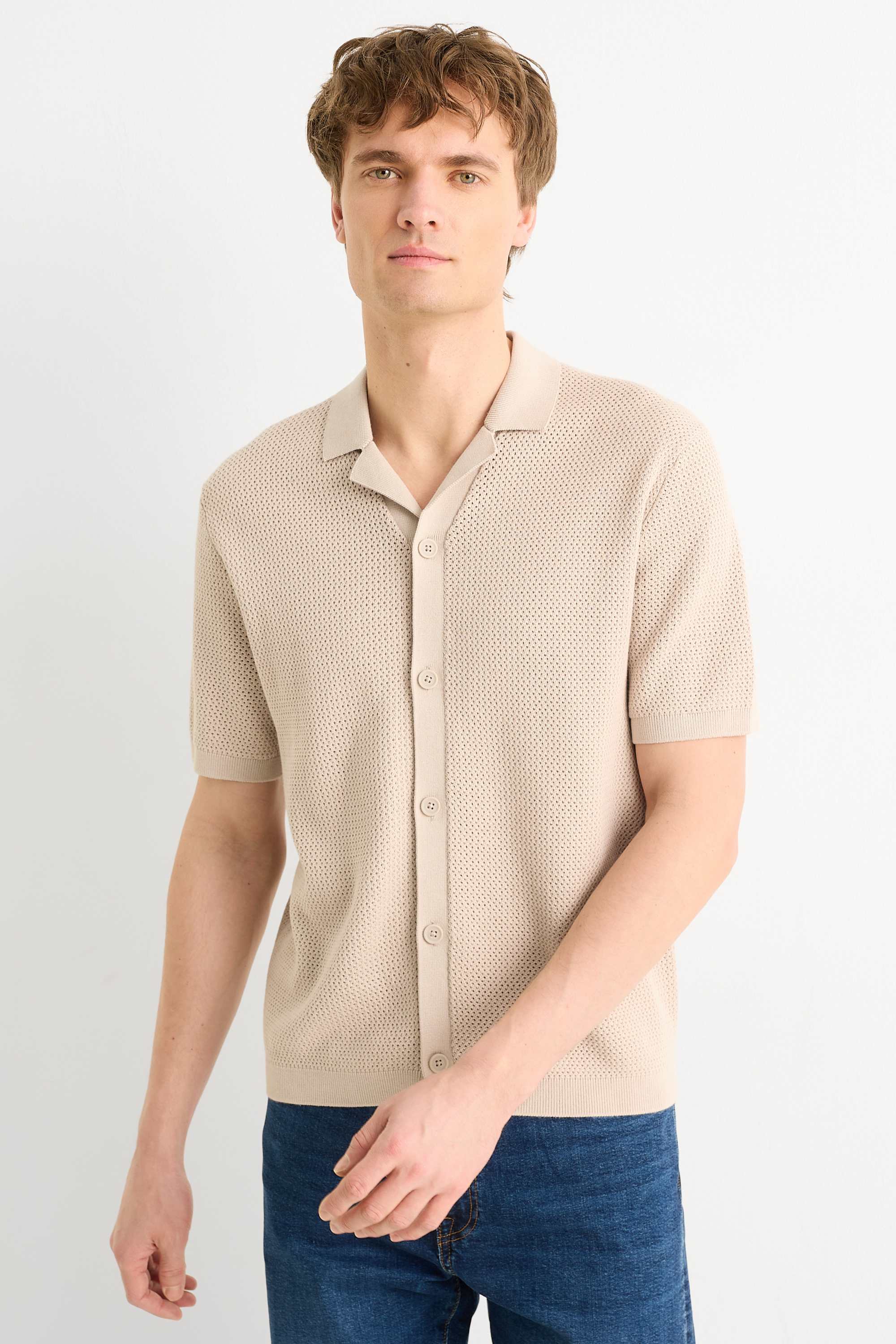 Knitted shirt - regular fit - lapel collar light beige