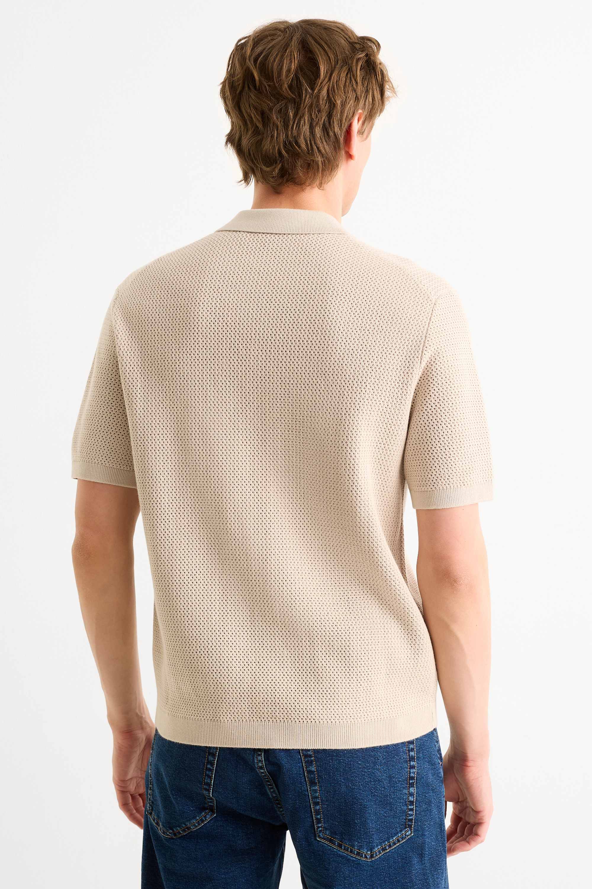 Knitted shirt - regular fit - lapel collar light beige